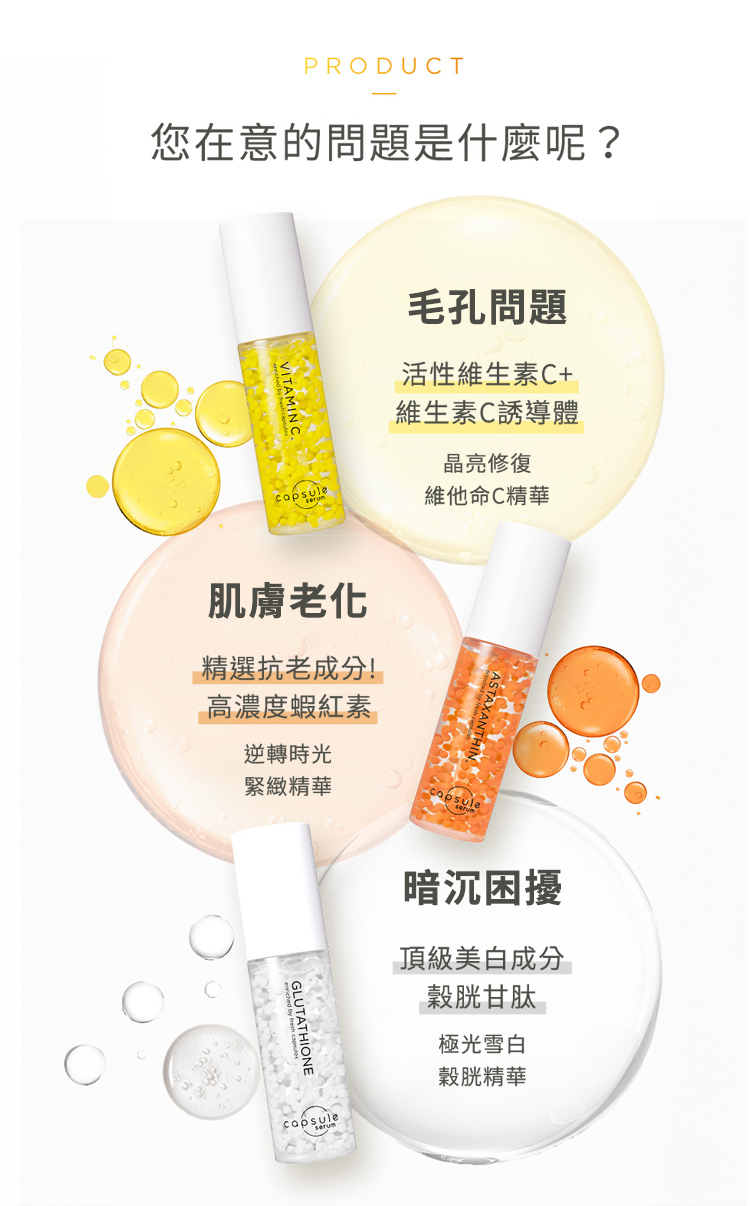 功效文字說明圖，呈現維生素C、穀胱甘肽與蝦紅素精華液的肌膚護理重點