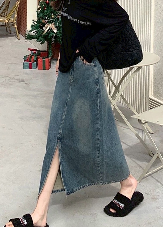 雙釦前開岔牛仔長裙 342