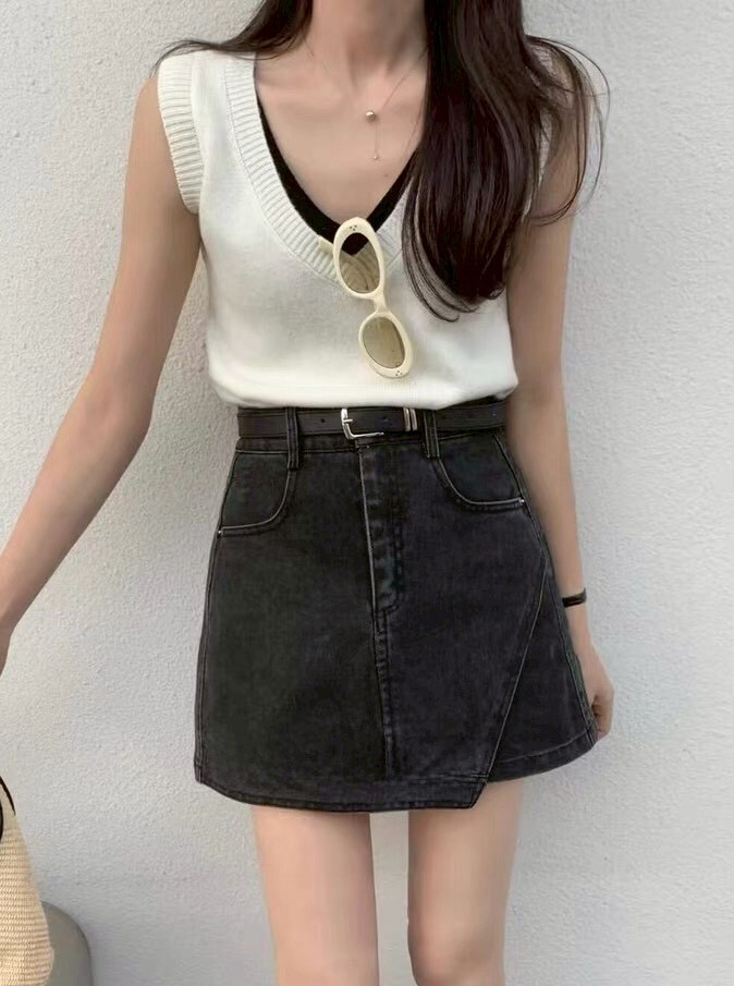 單側一片式弧度牛仔褲裙 352