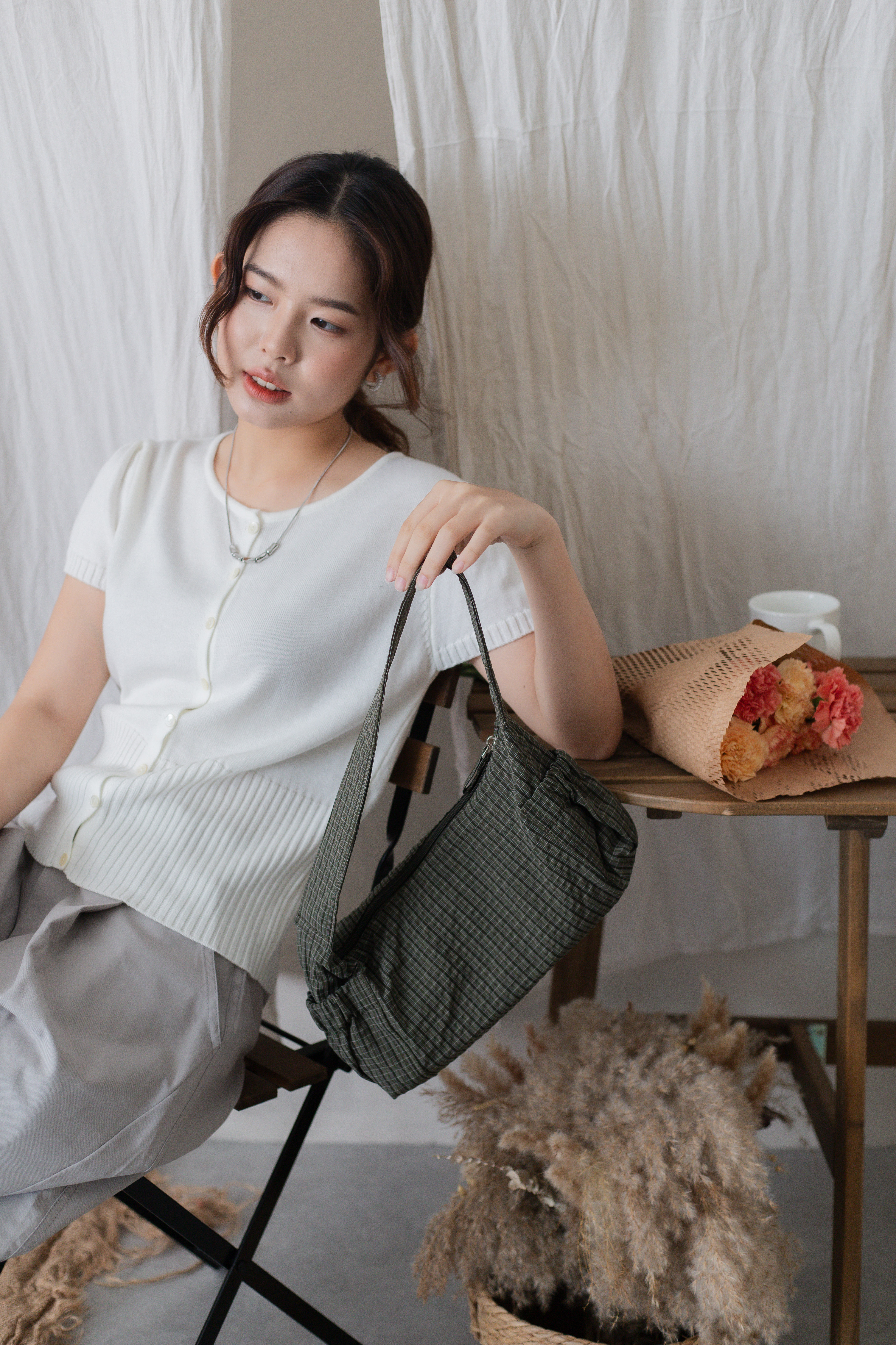 Raffo Checkered Nylon Pochette Moss- D143MOS