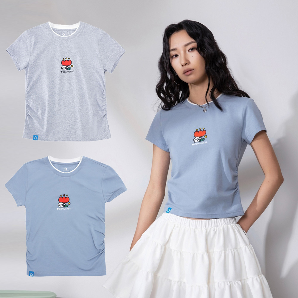 聯名款 CONVERSE X MATSUI SLIM SS TEE 灰 藍 印花 松井龍哉 插畫 小狗 花朵 側邊抓皺 短版 短T【WCK173】CONMATSUI