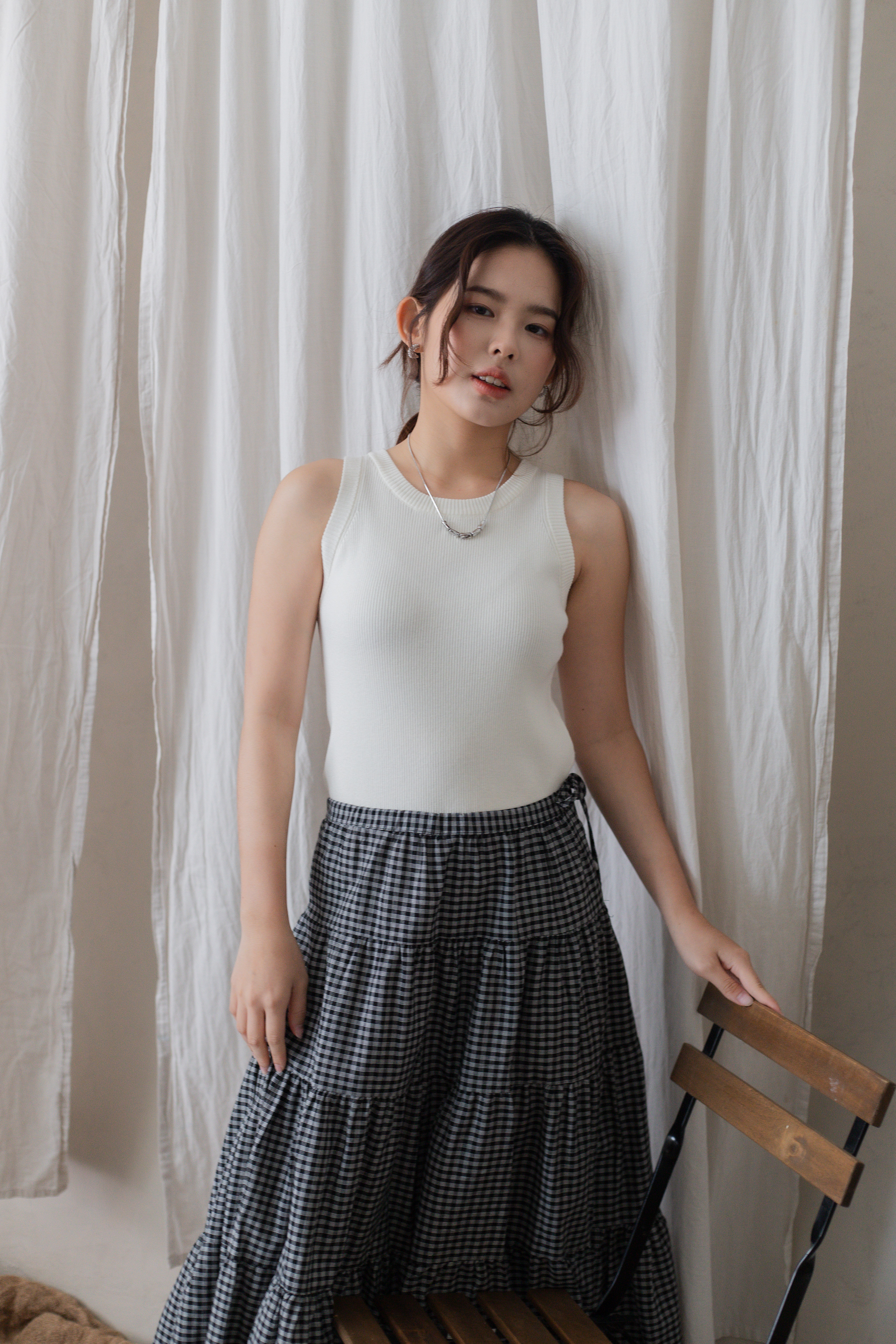 Leila Checkered  Tiered Skirt Black- 2720SKBLK