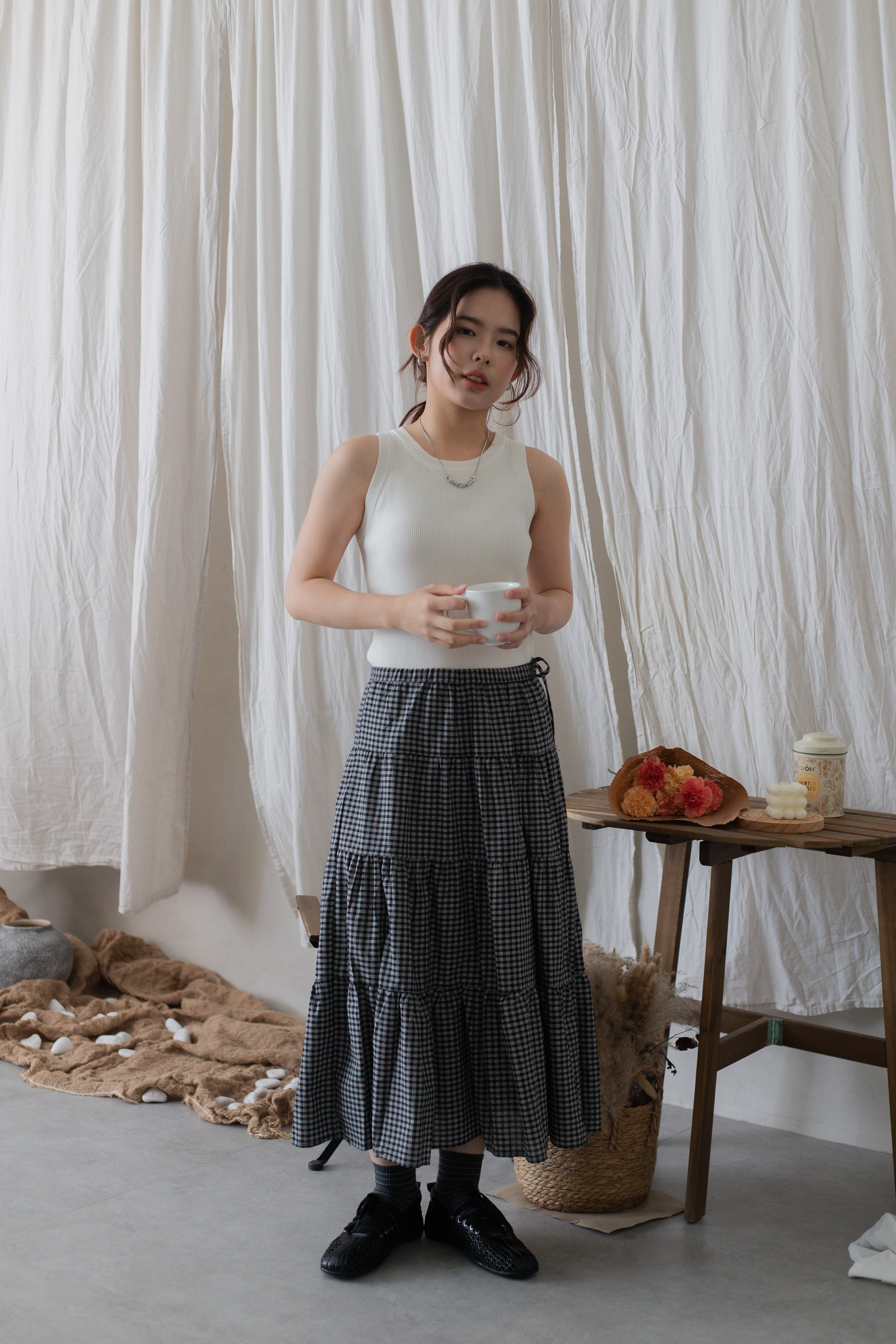 Leila Checkered  Tiered Skirt Black- 2720SKBLK