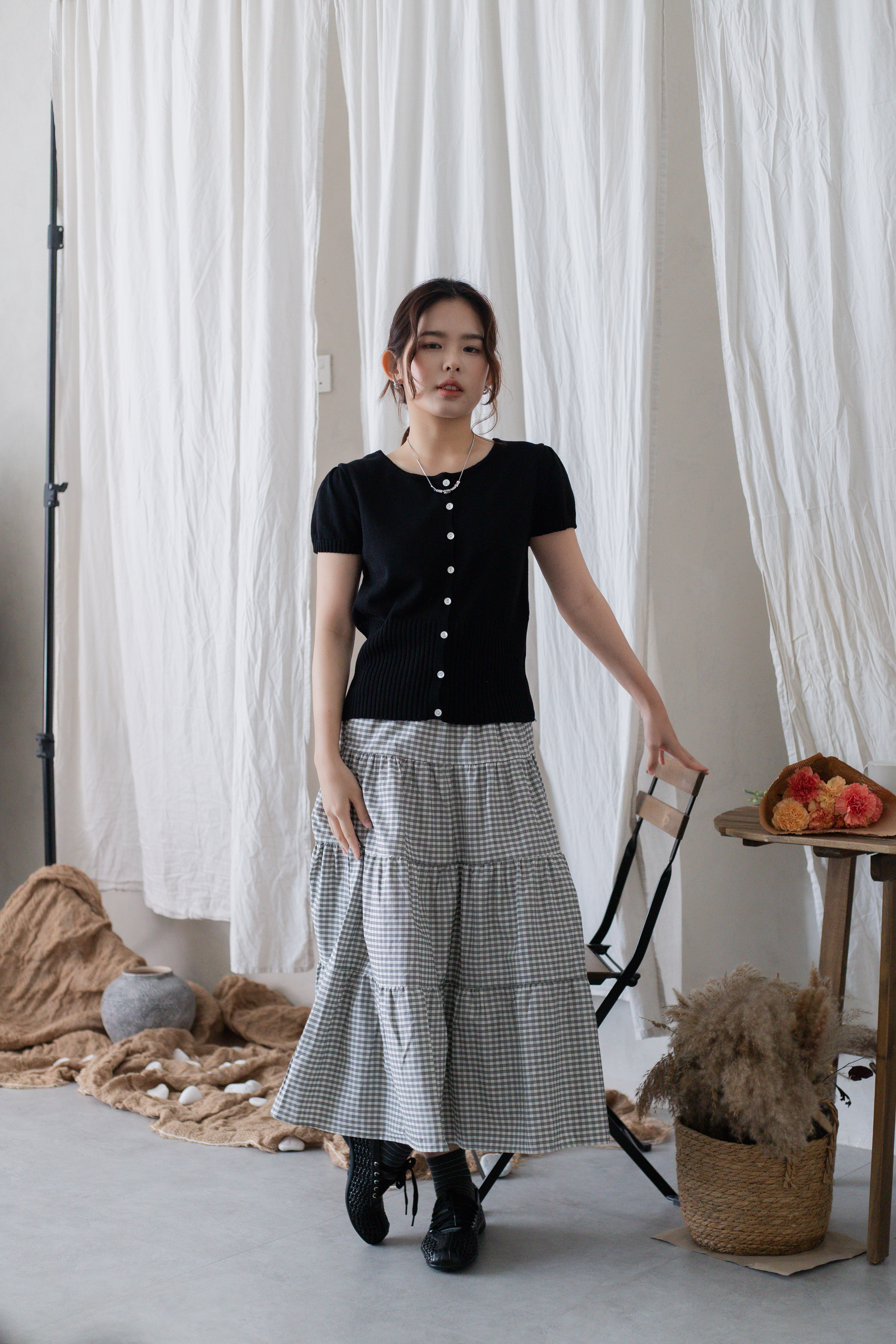 Leila Checkered  Tiered Skirt White- 2720SKWHI