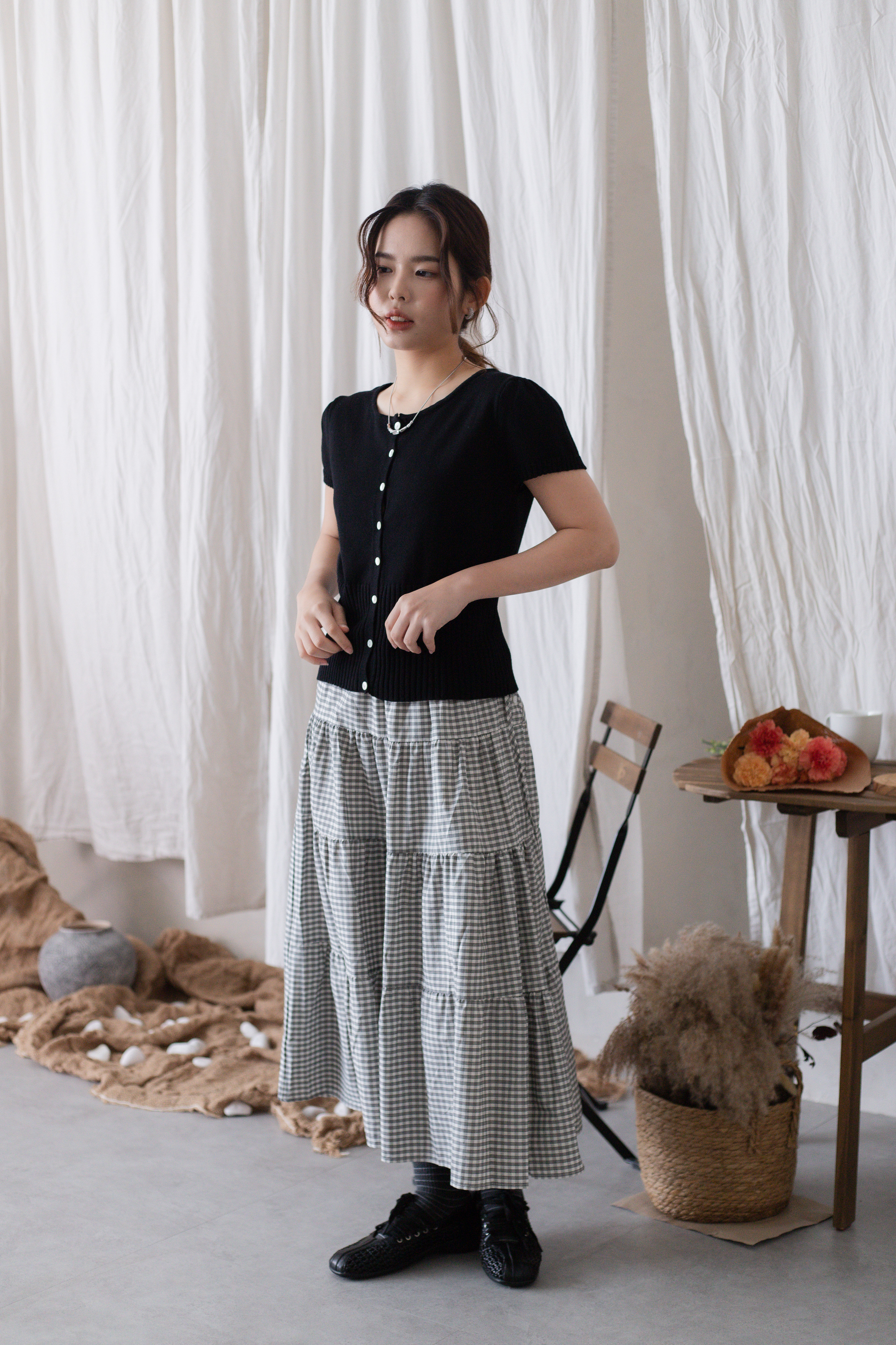 Leila Checkered  Tiered Skirt White- 2720SKWHI