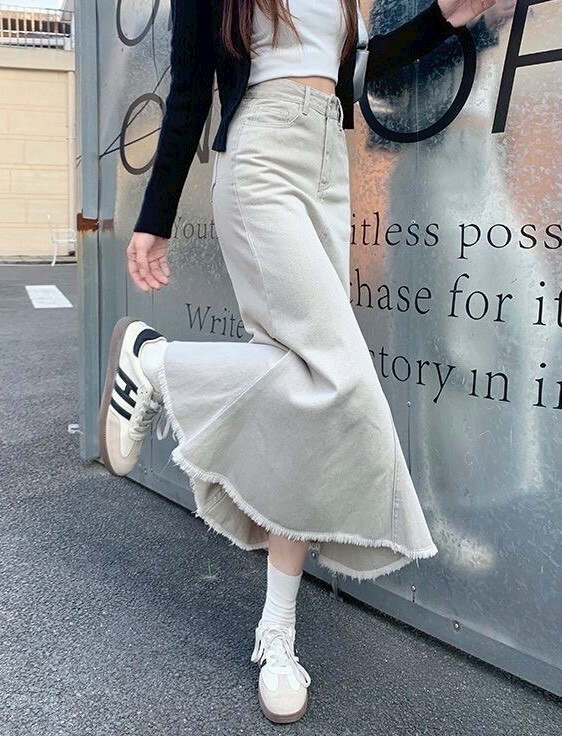 後鬆緊開岔鬚鬚水洗長裙