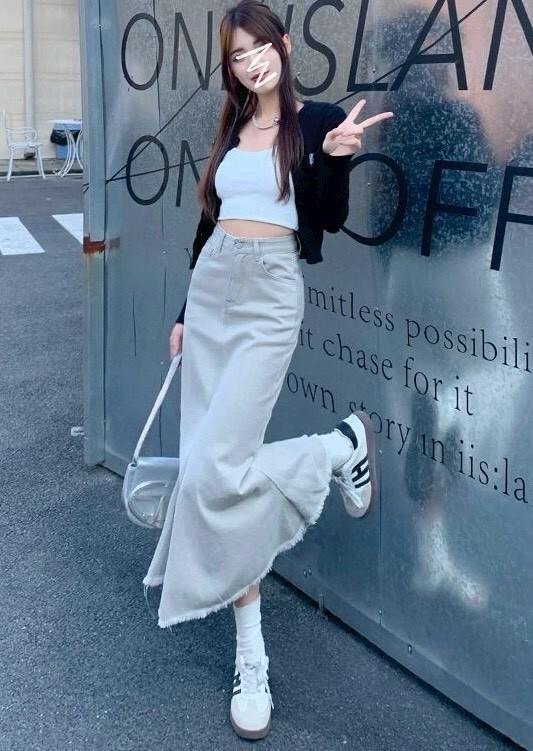 後鬆緊開岔鬚鬚水洗長裙