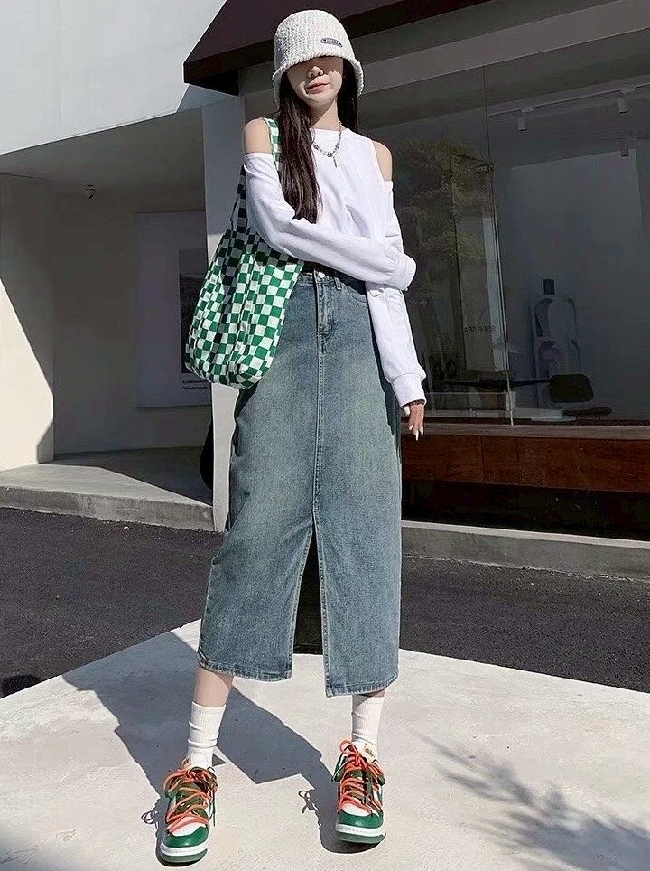 雙釦前開岔牛仔長裙 342