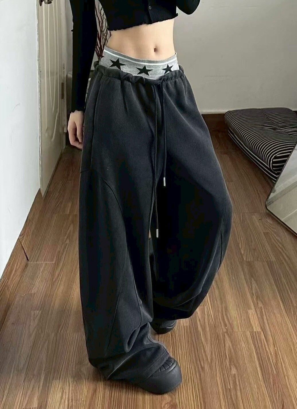 褲頭星星抽繩車線棉寬褲