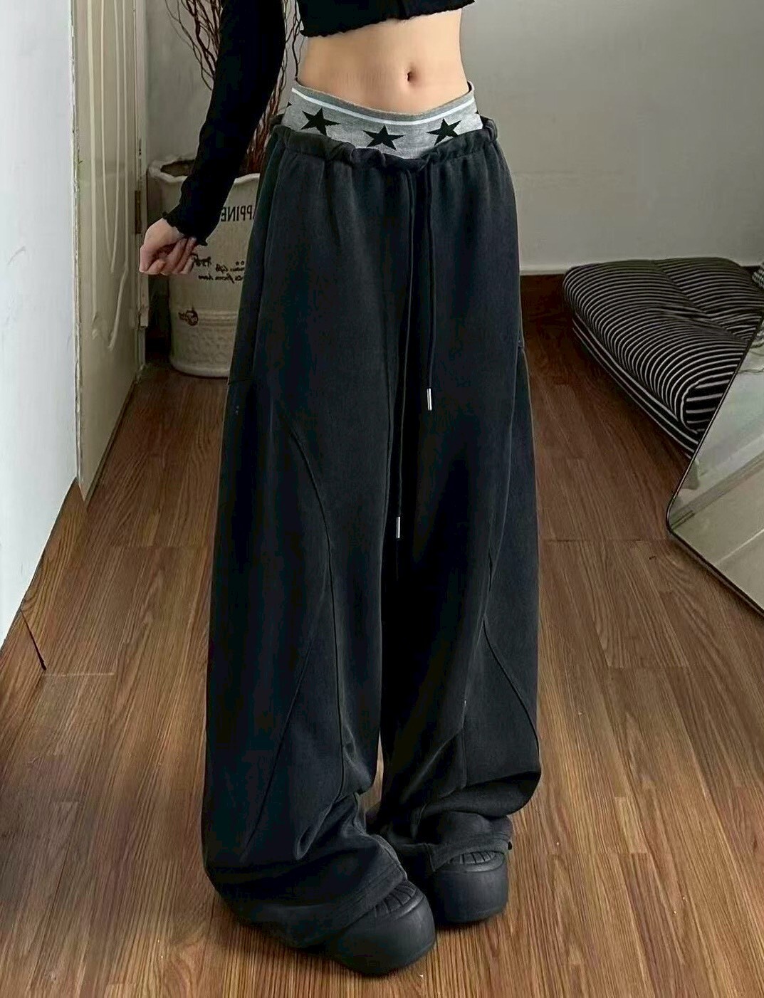 褲頭星星抽繩車線棉寬褲