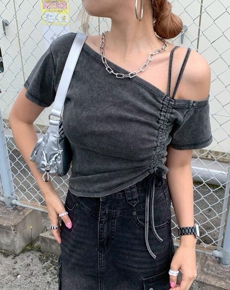 單肩側抽繩水洗上衣