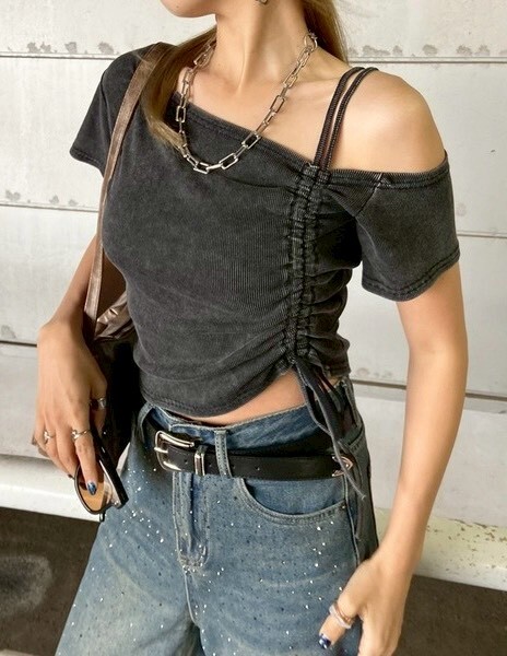 單肩側抽繩水洗上衣