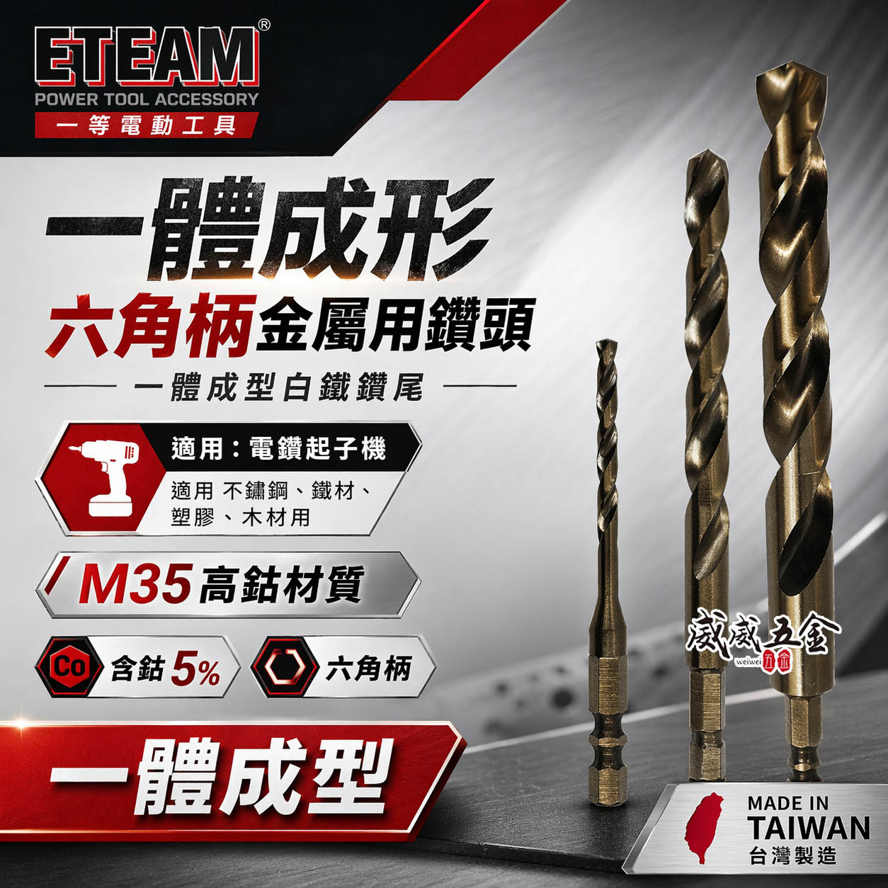 台灣製 一等 久美力｜1.5-13mm｜M35 一體成型六角柄含鈷白鐵鑽頭 高鈷鑽尾 不鏽鋼木板鐵工用金屬鑽頭