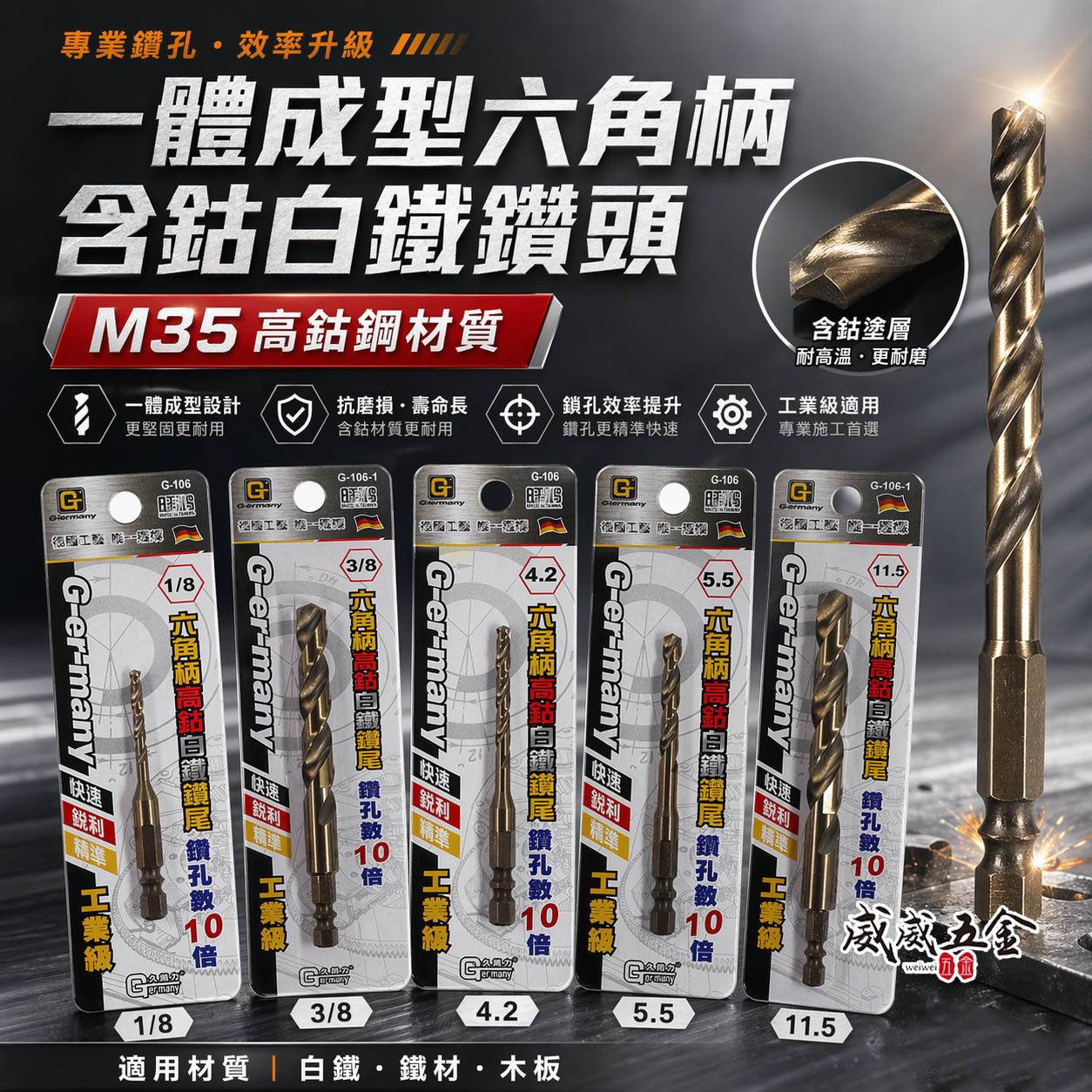 台灣製 一等 久美力｜1.5-13mm｜M35 一體成型六角柄含鈷白鐵鑽頭 高鈷鑽尾 不鏽鋼木板鐵工用金屬鑽頭
