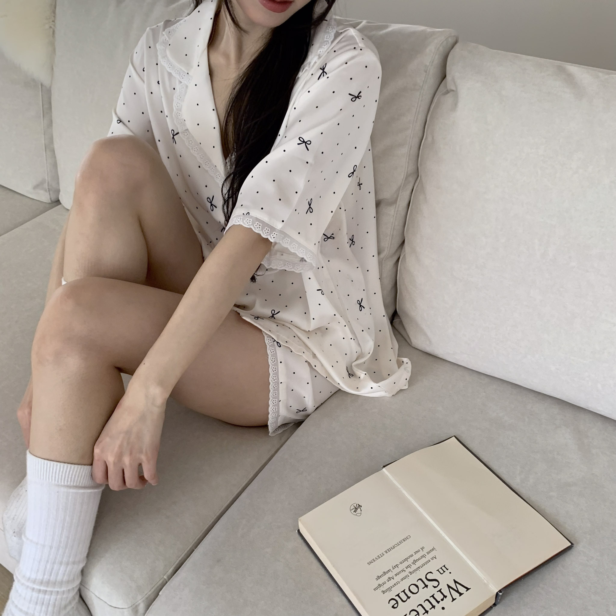 ISA_奶油夢境 緞面蝴蝶結居家睡衣三件組_64014