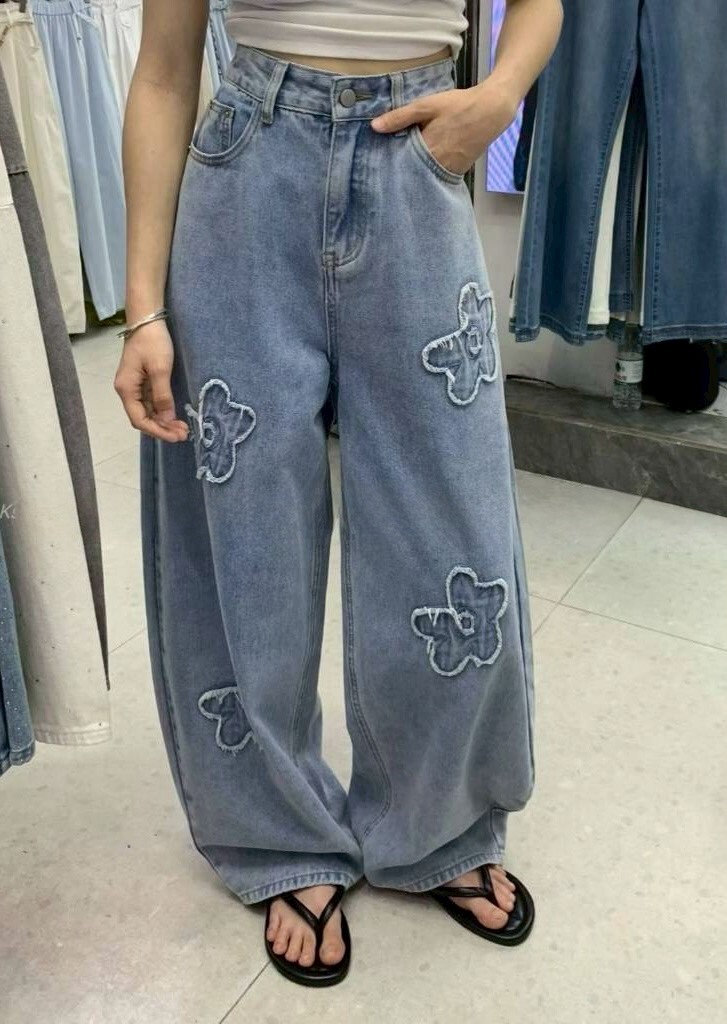 前後花朵牛仔彎刀褲 9220