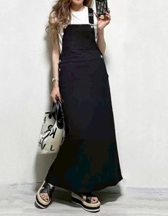 前口袋空氣棉吊帶長裙