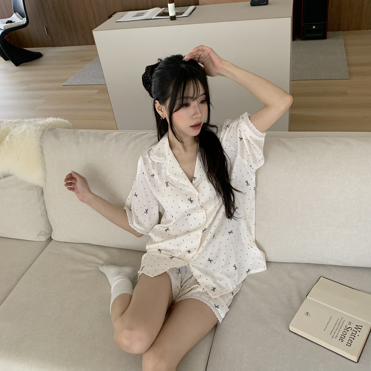 ISA_奶油夢境 緞面蝴蝶結居家睡衣三件組_64014