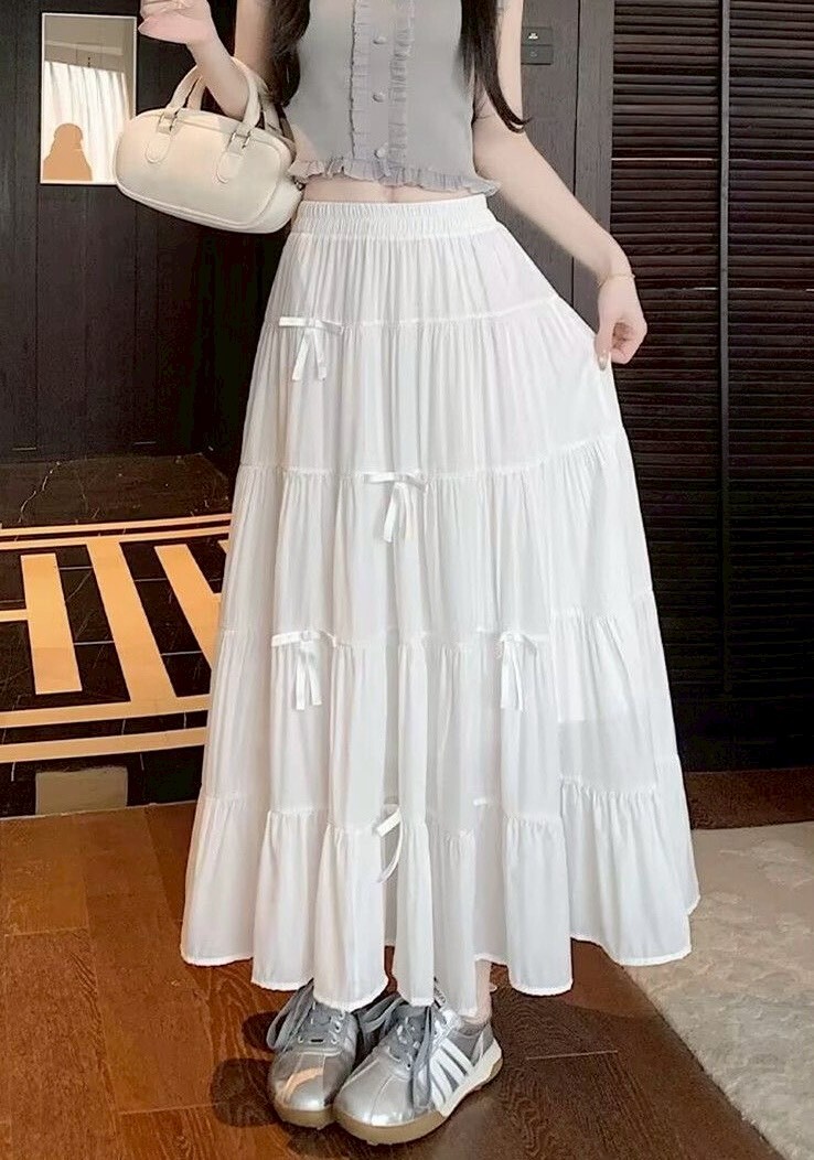 鬆緊腰蝴蝶結造型蛋糕長裙