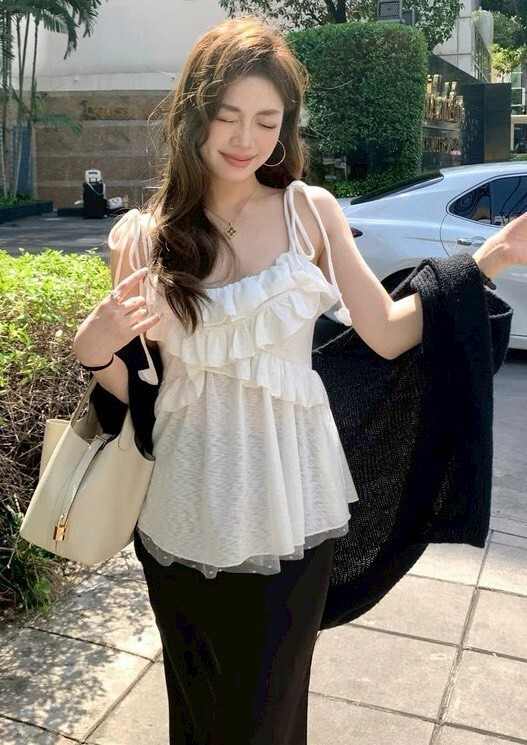 肩綁帶雙層拼接網紗背心