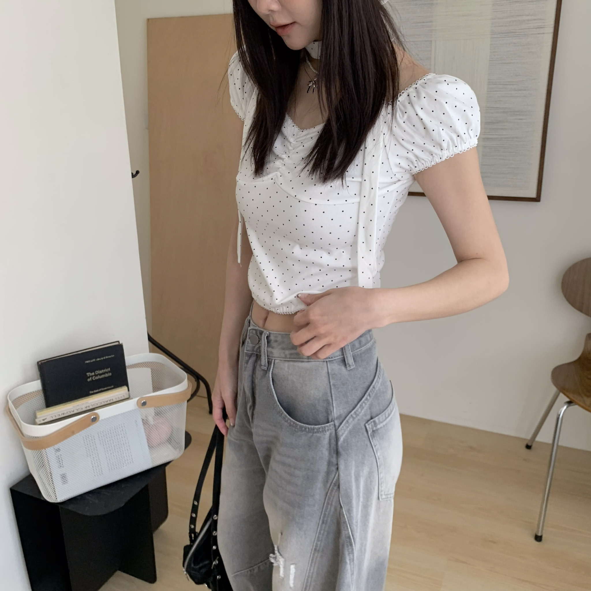 ISA_(附繞脖)在逃公主! 波點蕾絲花邊上衣_64034