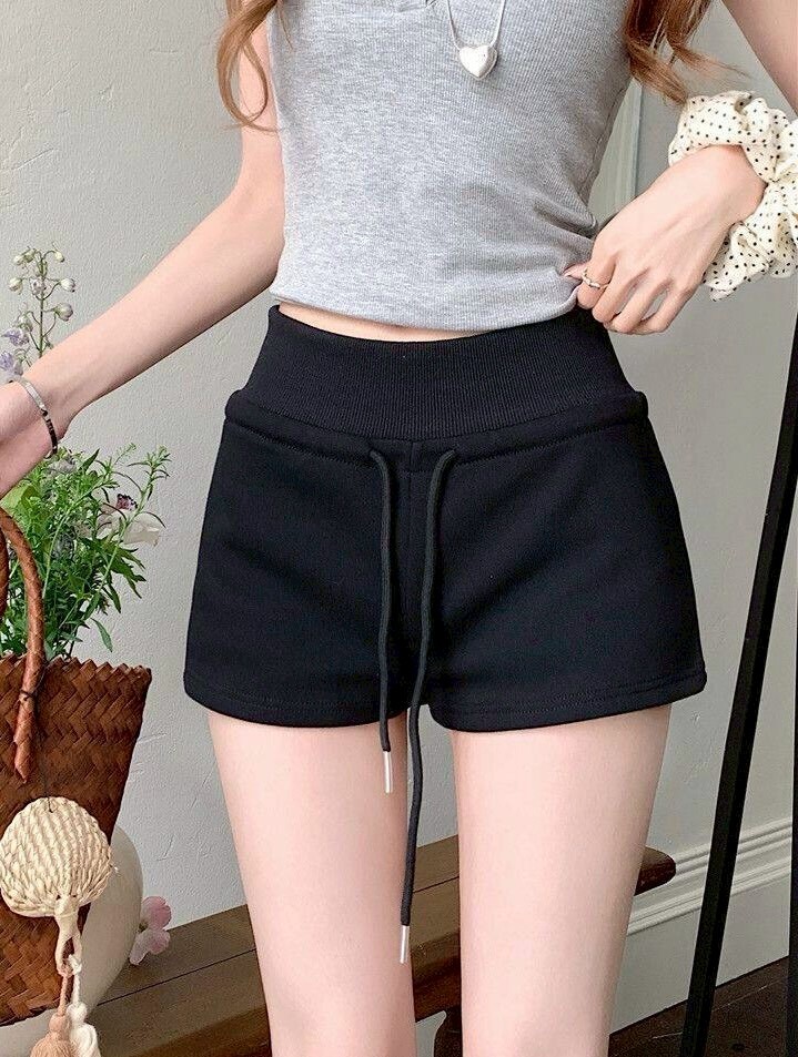 羅紋高腰後假口袋抽繩棉短褲
