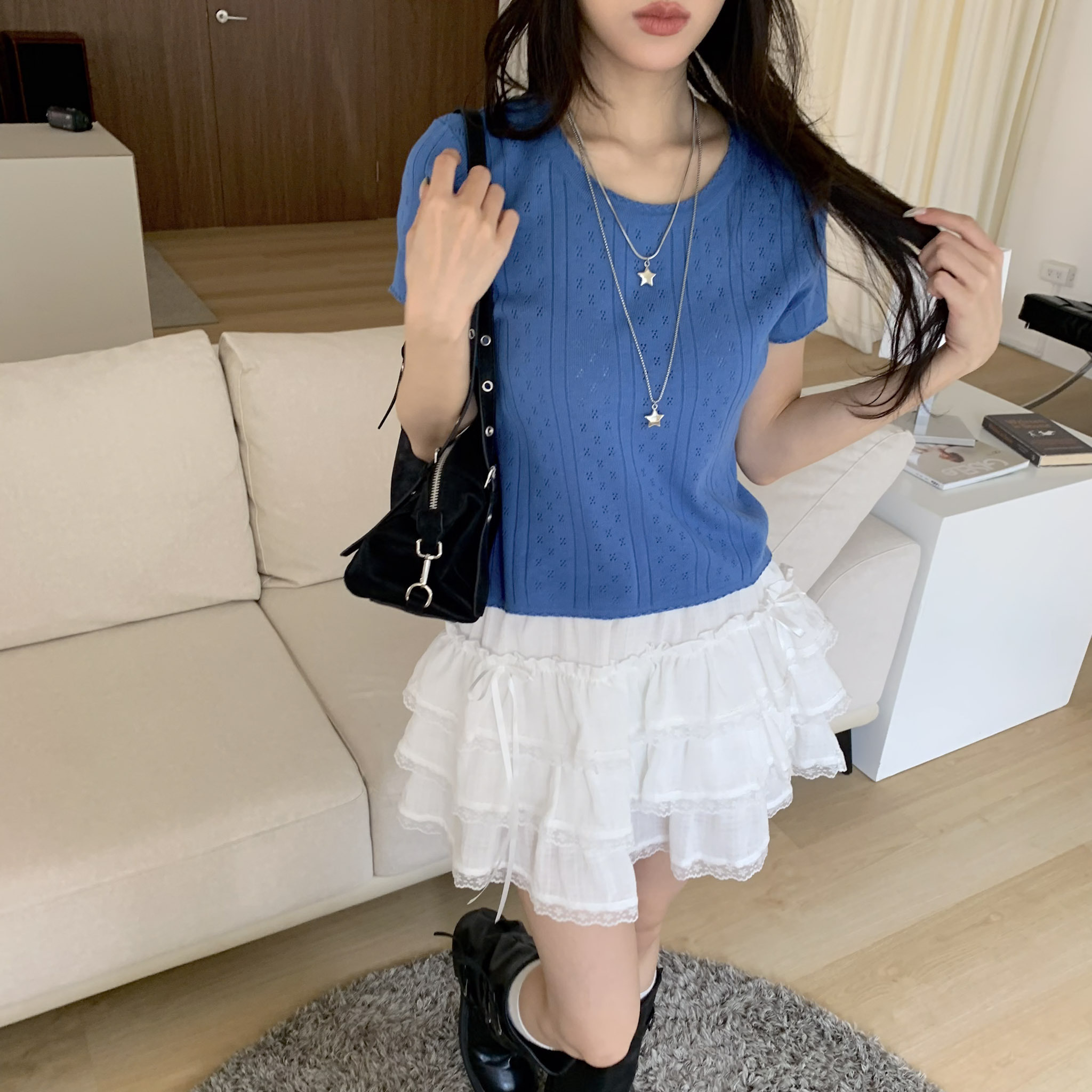 ISA_波浪記號 初戀感緹花鏤空針織短上衣_64040