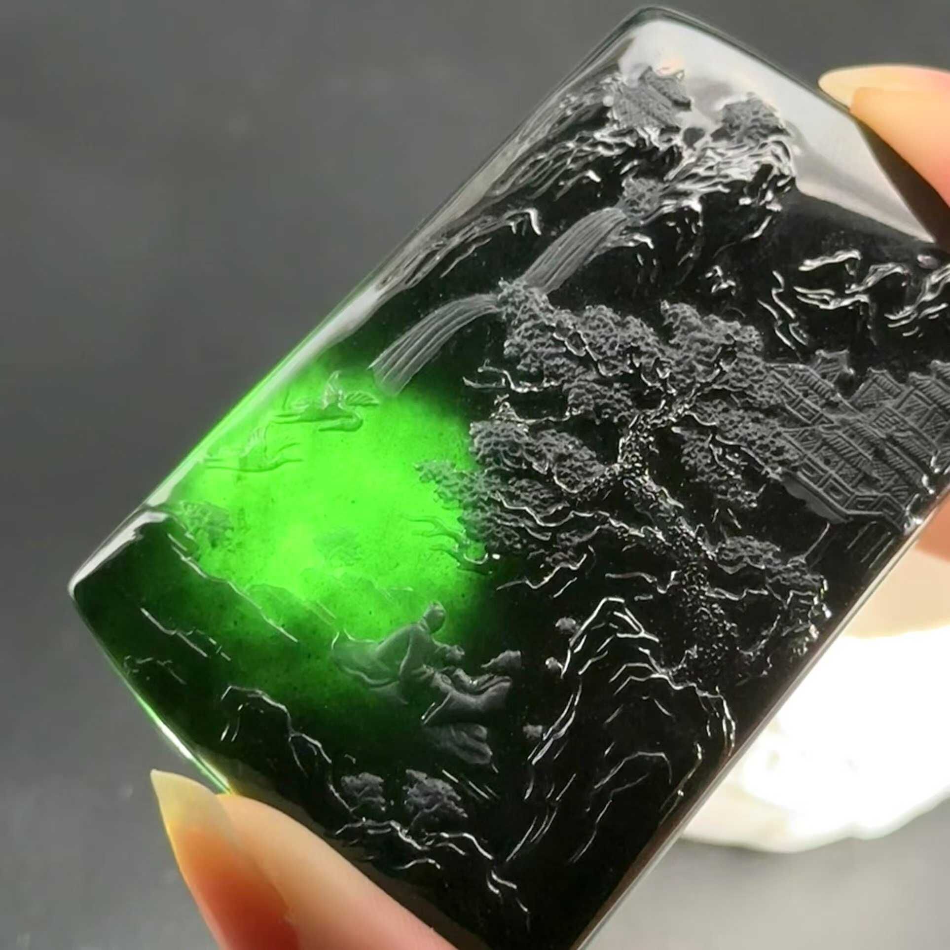 翡翠墨翠山水牌,天然翡翠A玉, 緬甸玉, Jade, Jadeite