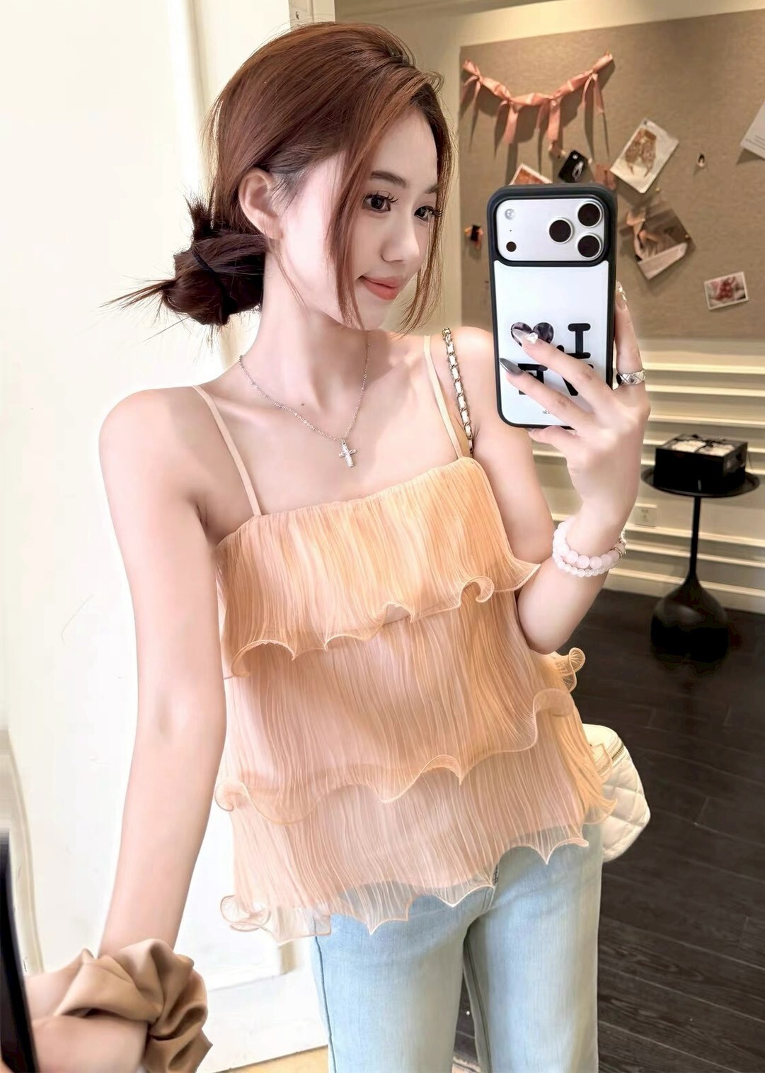 細肩捲邊雪紡蛋糕背心