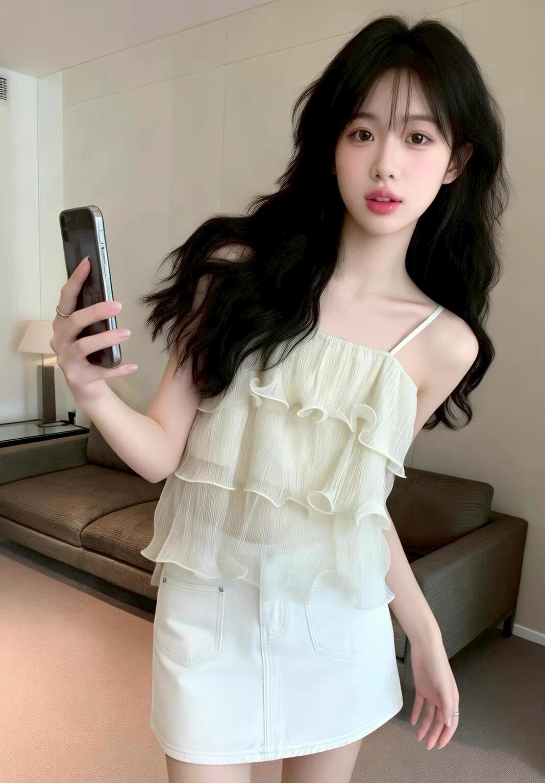 細肩捲邊雪紡蛋糕背心