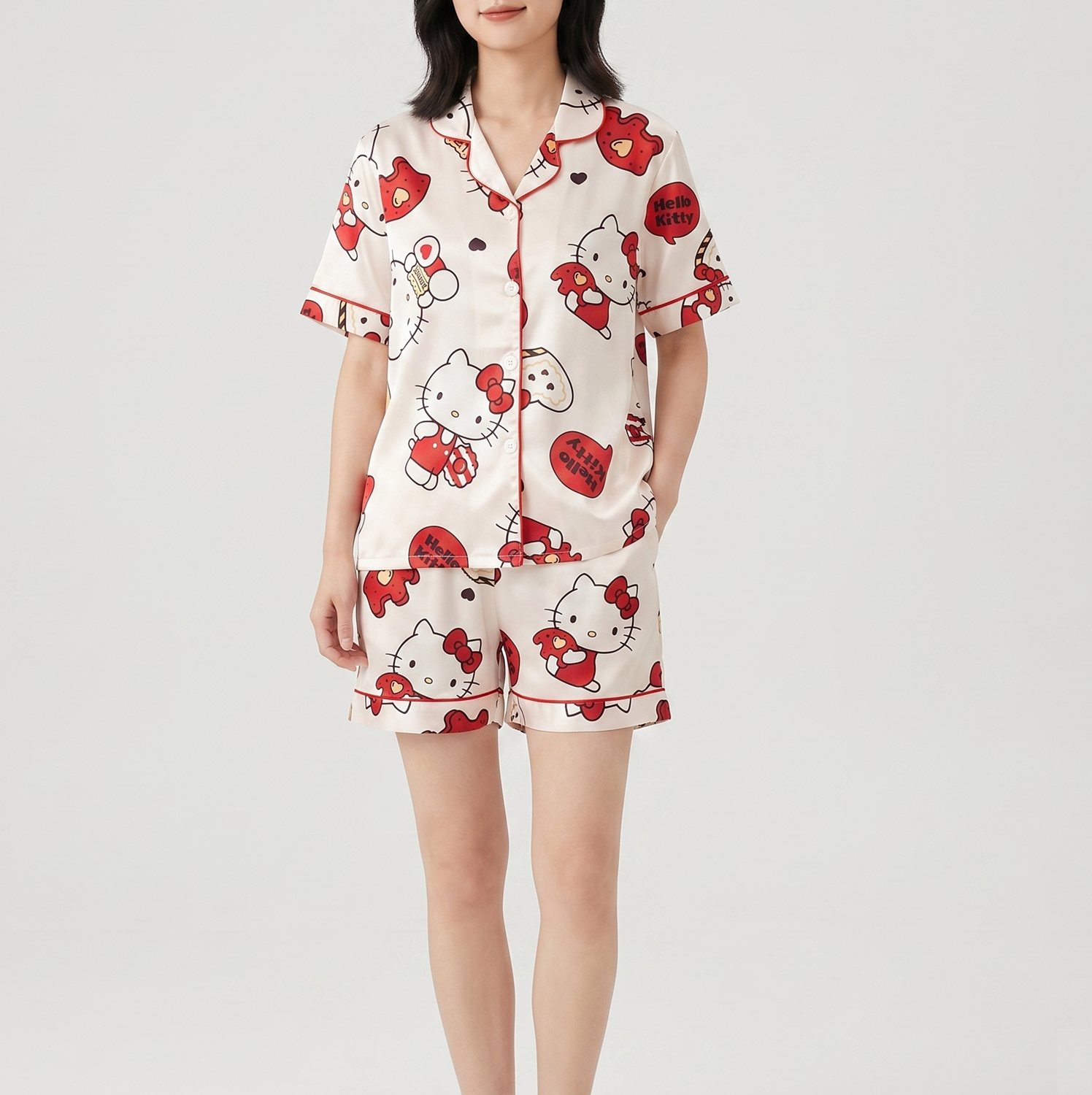 【Hello Kitty】緞面絲絨翻領睡衣套裝(親子款)