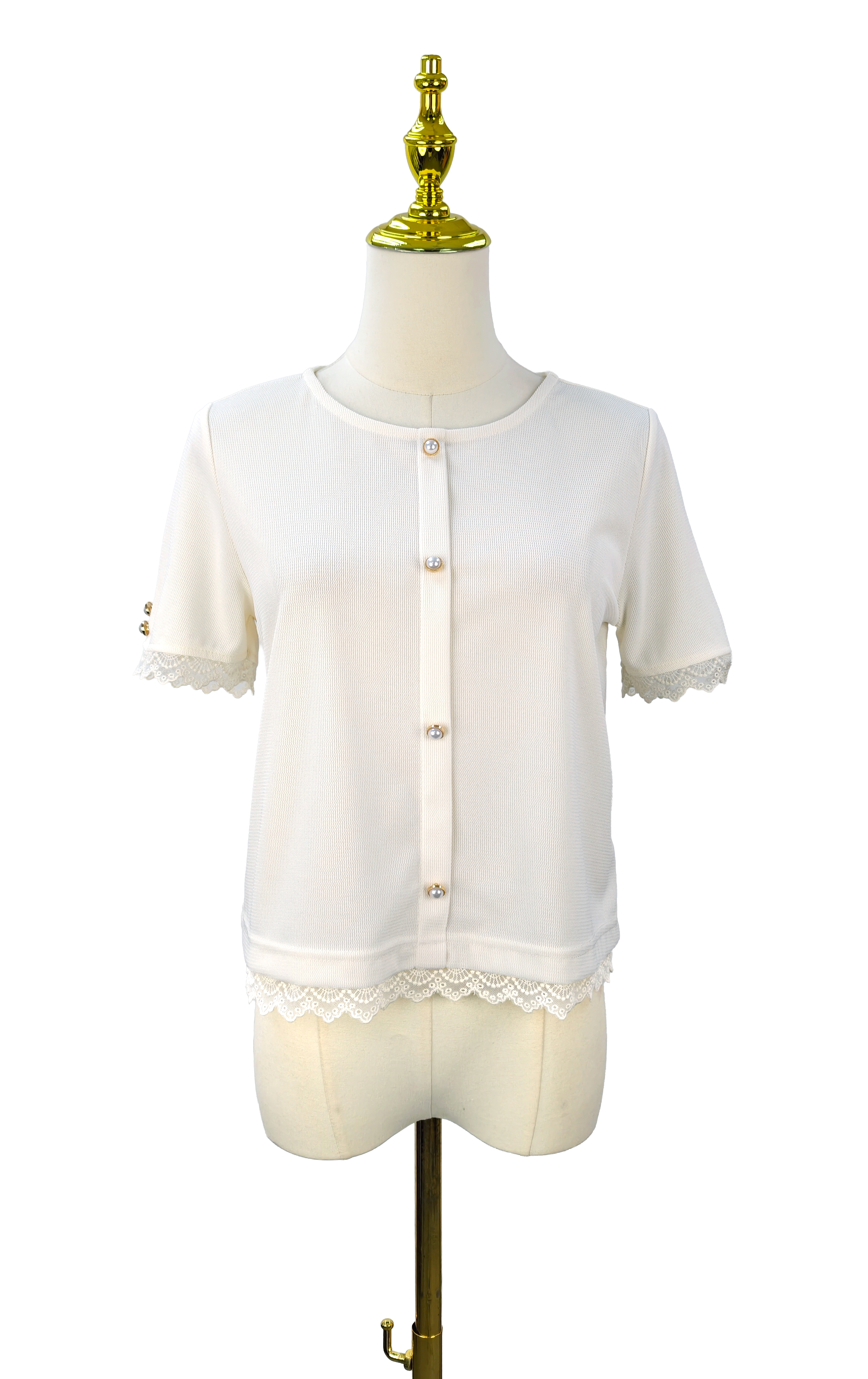 Lace Panel Round Neck Top with Pearl Buttons ST0899