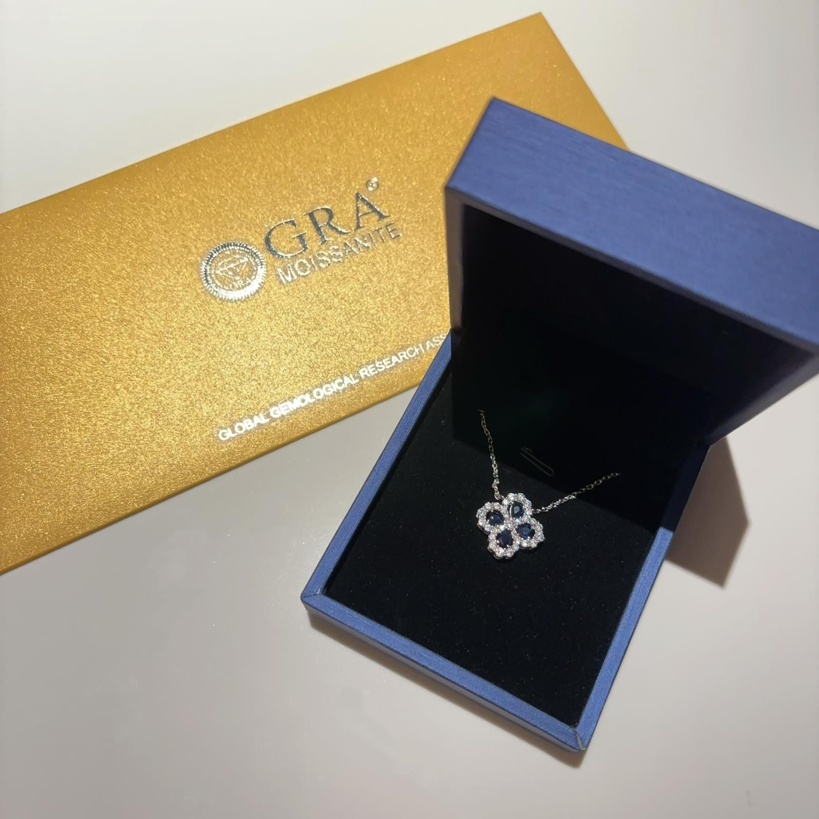 A7 - 培育藍寶石X莫桑石配純銀防敏頸鏈（配盒）