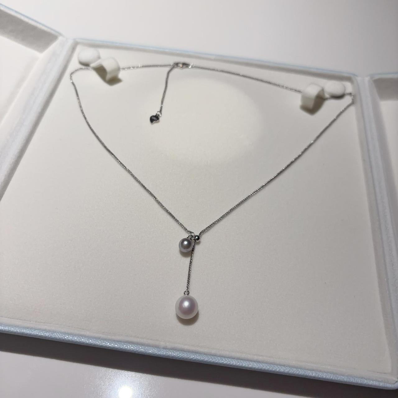 A10 - Y-LINE 雙珠頸鏈A款（配盒）純銀扣可適當調節長短 * AKOYA真多麻6mm灰色