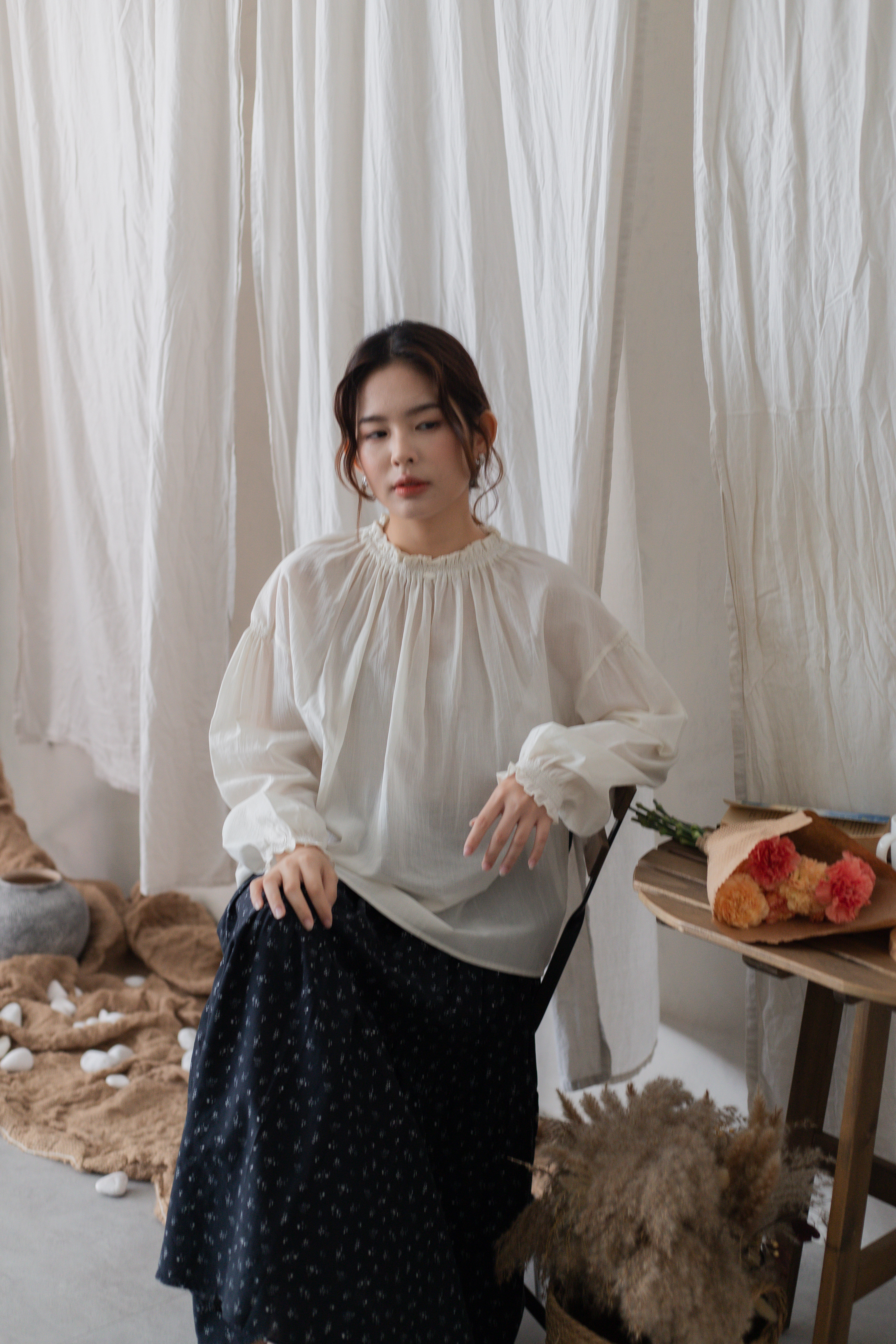 Tarell Shirred Blouse Beige -2723BLBEI