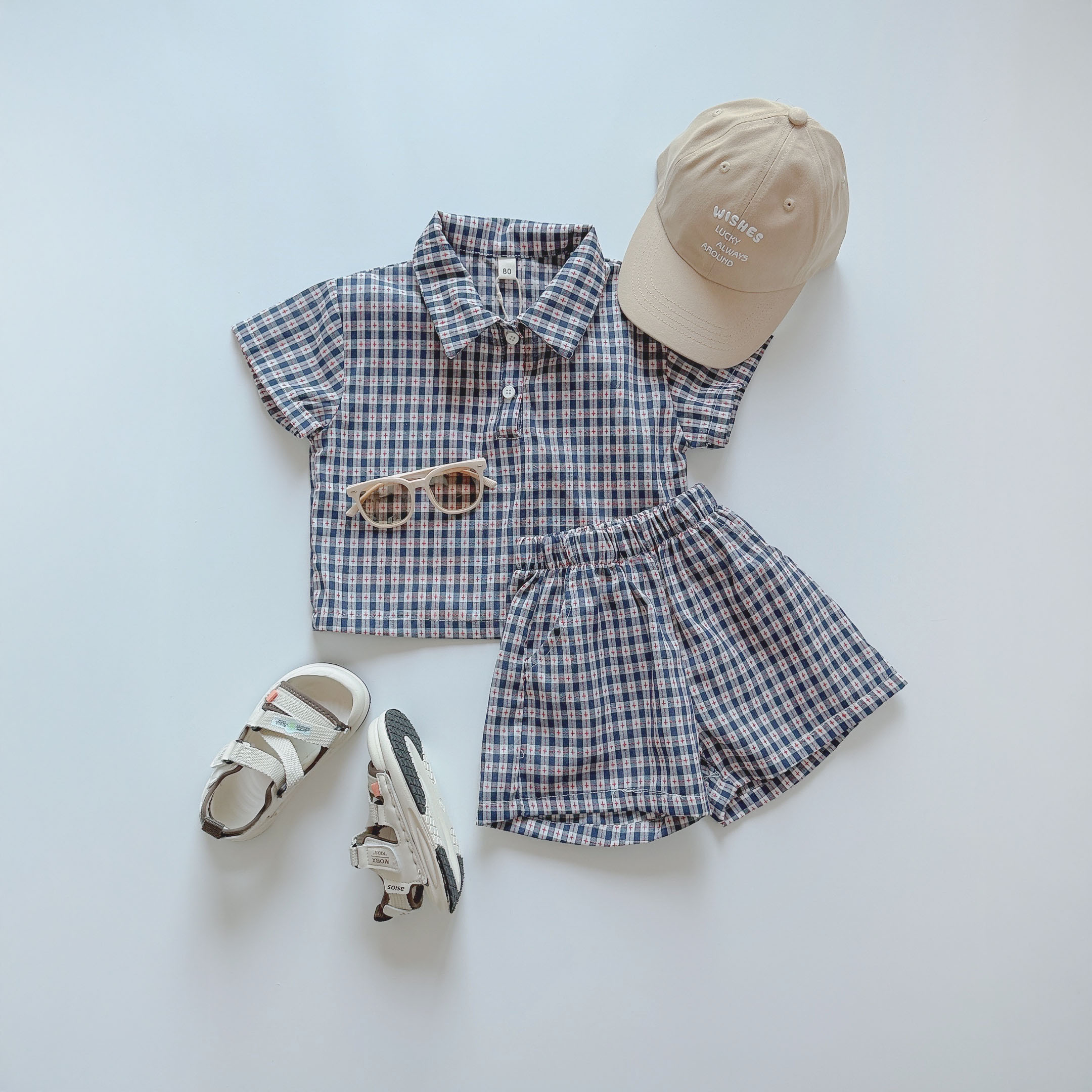 格紋襯衫短袖套裝