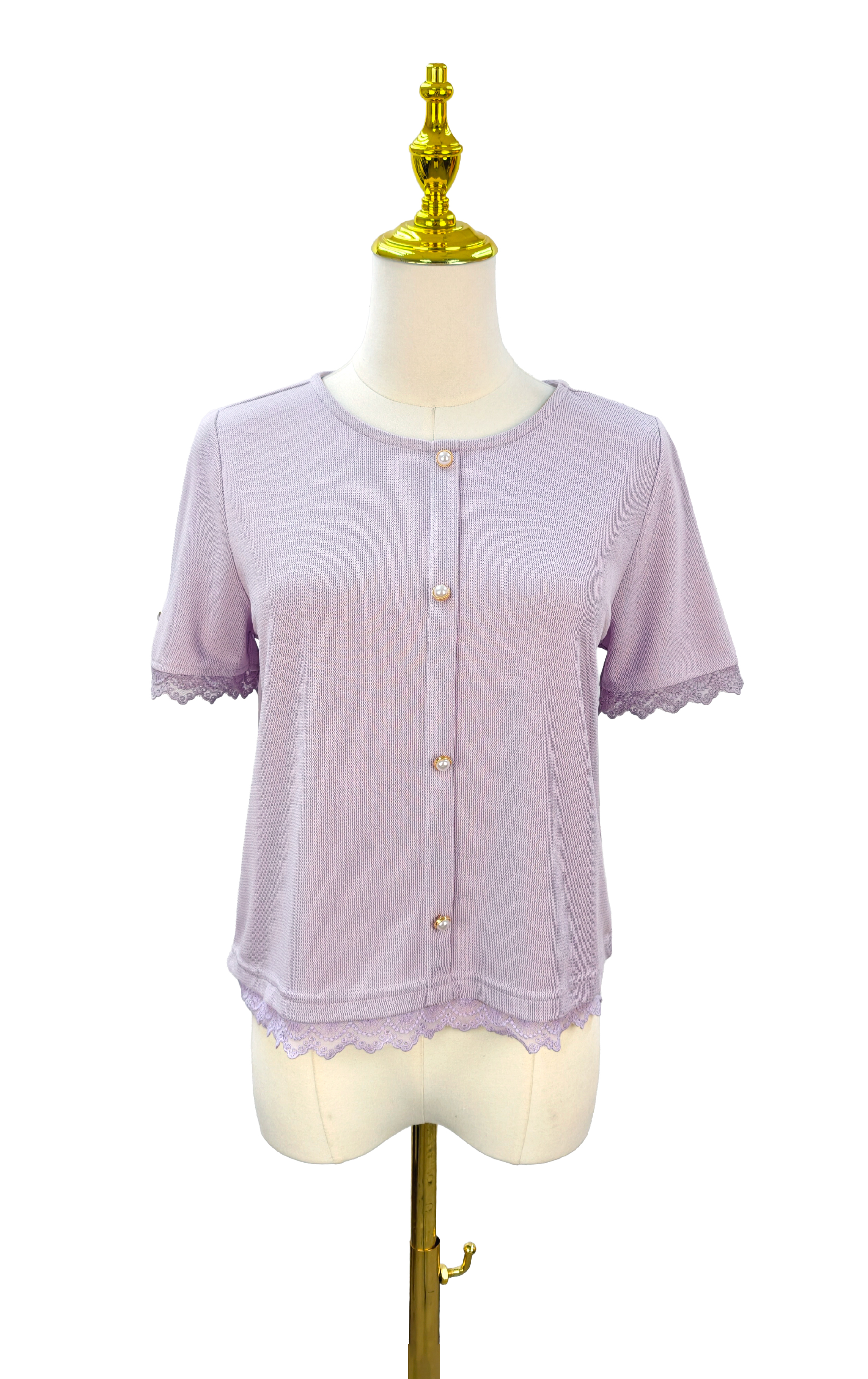 Lace Panel Round Neck Top with Pearl Buttons ST0899