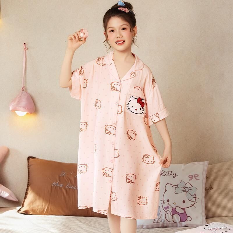【Hello Kitty】少女感粉嫩排扣連身睡裙(親子款)
