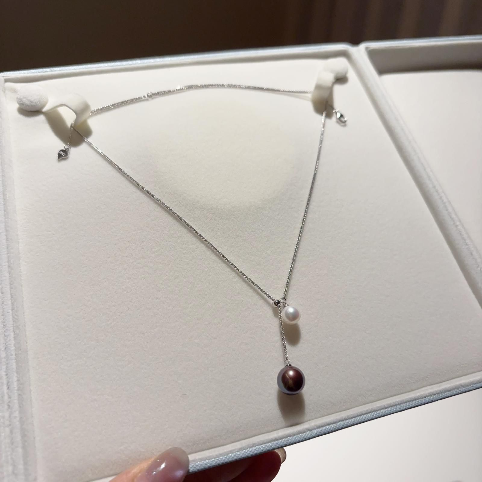 A16 - Y-LINE 雙珠純銀頸鏈B款（配盒）可調校長短 * 天然淡水愛迪生9mm配上淡水6mm極光珠