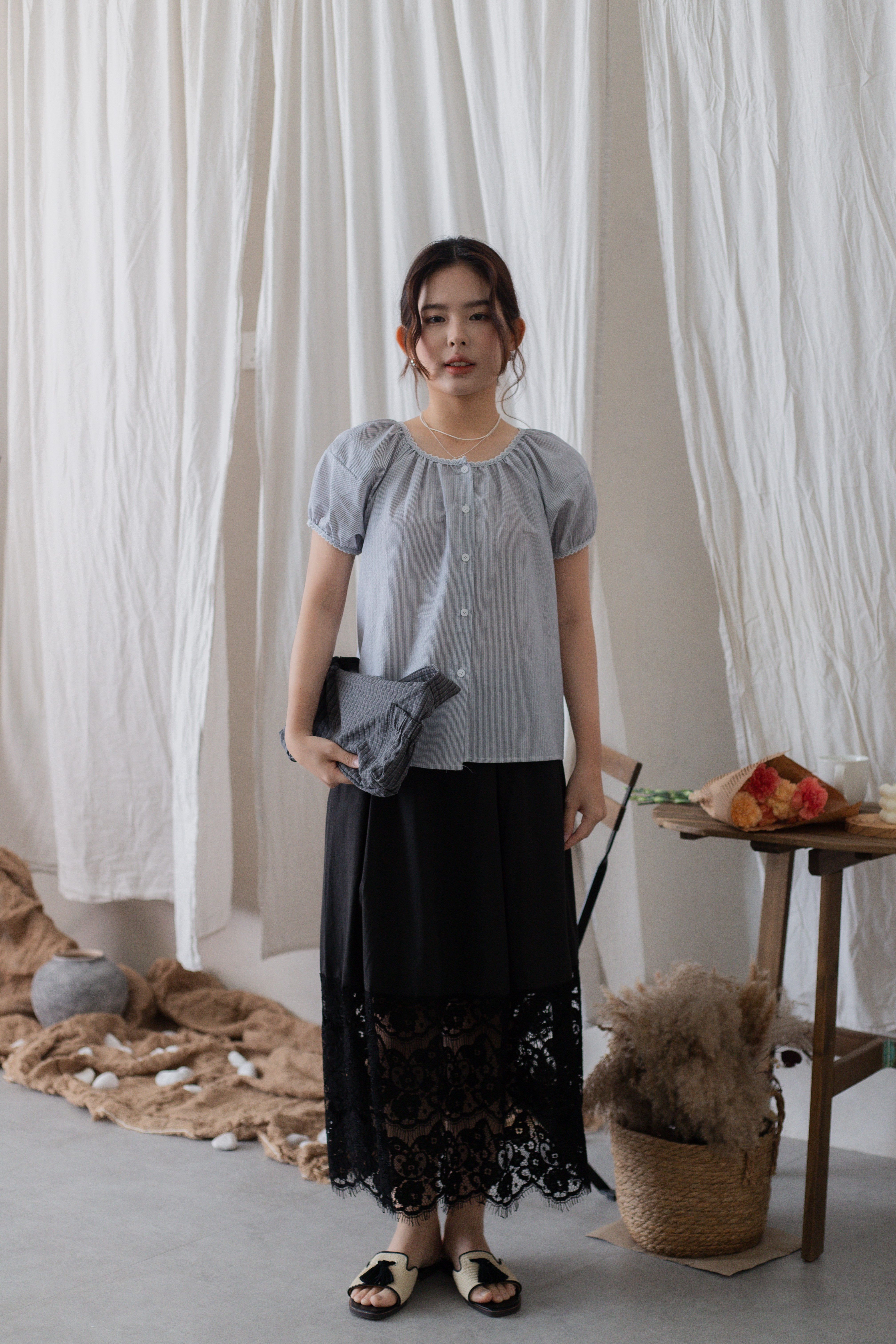 Trina Embroidery Striped Blouse Grey -2712BSGRY