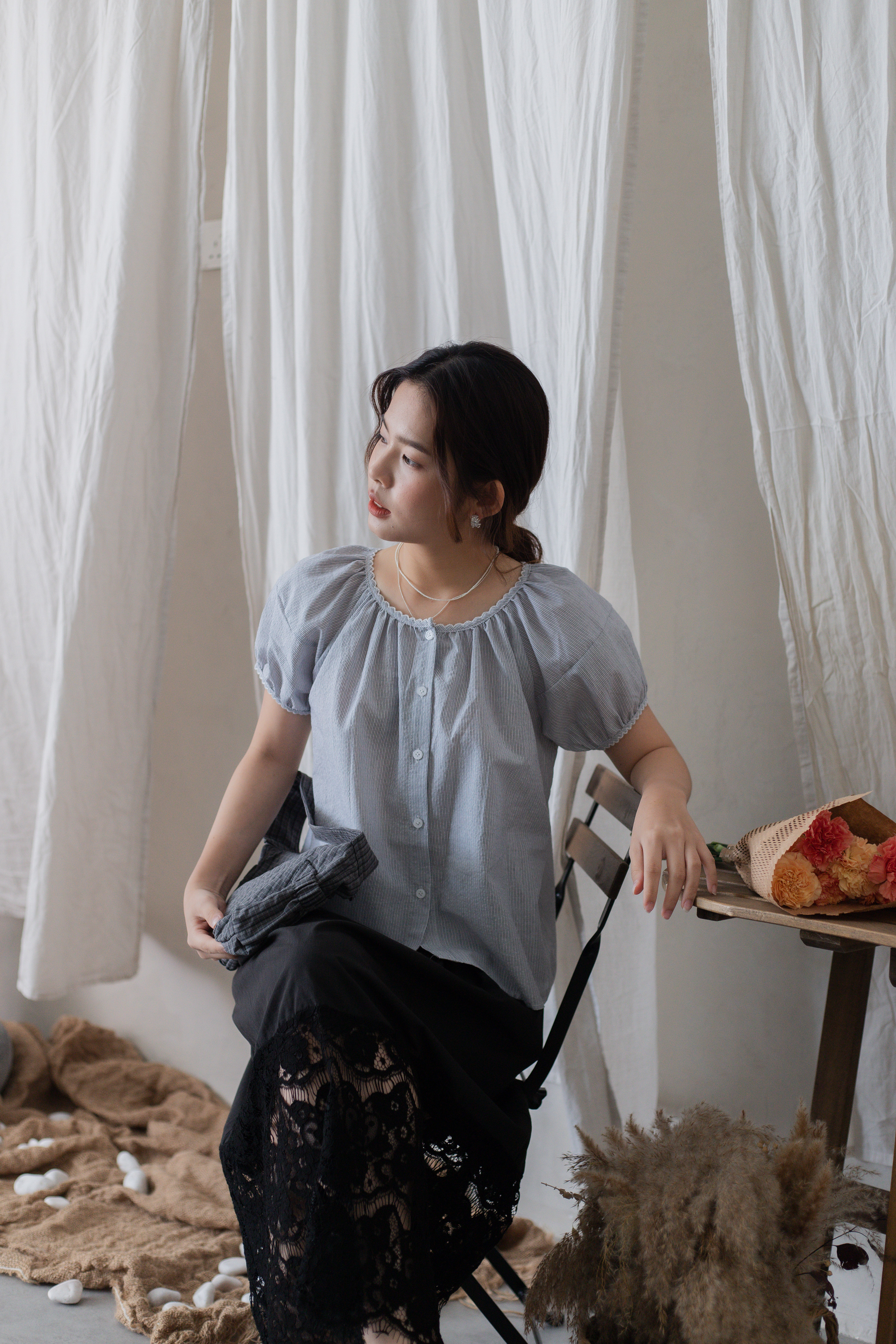 Trina Embroidery Striped Blouse Grey -2712BSGRY