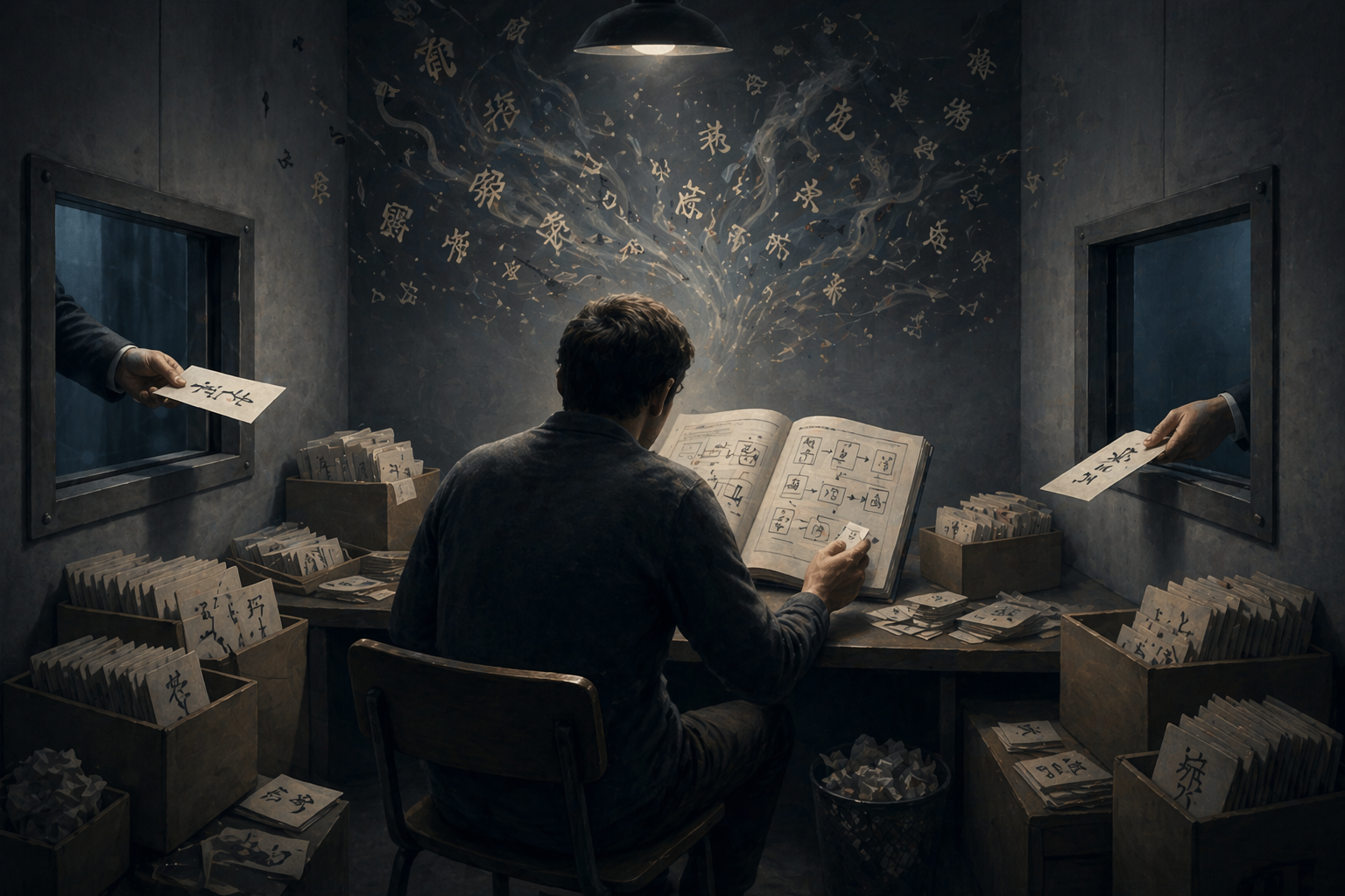 當我們今日驚嘆於ChatGPT對答如流的語言能力時，有一個根本性的問題縈繞不去：它真的「理解」它所說的話嗎？早在1980年，遠在生成式AI問世的數十年前，瑟爾就以「中文房間」思想實驗，對這個問題給出了極具挑戰性的否定答案。  這個思想實驗的內容是： 想像將一個完全不懂中文的、只會說英語的人（瑟爾常以自己為例）關在一個密閉的房間裡。房間裡有好幾箱中文字，以及一本用英文寫成的規則手冊。這本手冊並非中文教學，只是提供符號配對的指令，像是「當你看到『 squiggle-squiggle』的符號組合，就輸出『squoggle-squoggle』的符號組合」。  房間外的人會透過窗口遞進寫有中文問題的紙條，房間裡的人依據英文規則手冊，找到對應的符號，將它們組合起來，再從另一個窗口遞出去。對於房間外懂中文的人來說，他們遞進去的是「問題」，而收到的則是條理清晰、語意通順的「答案」。在他們看來，這個房間似乎完全理解中文。他們會稱那本規則手冊為「程式」，而那個在裡面忙碌的人，就是「電腦」。