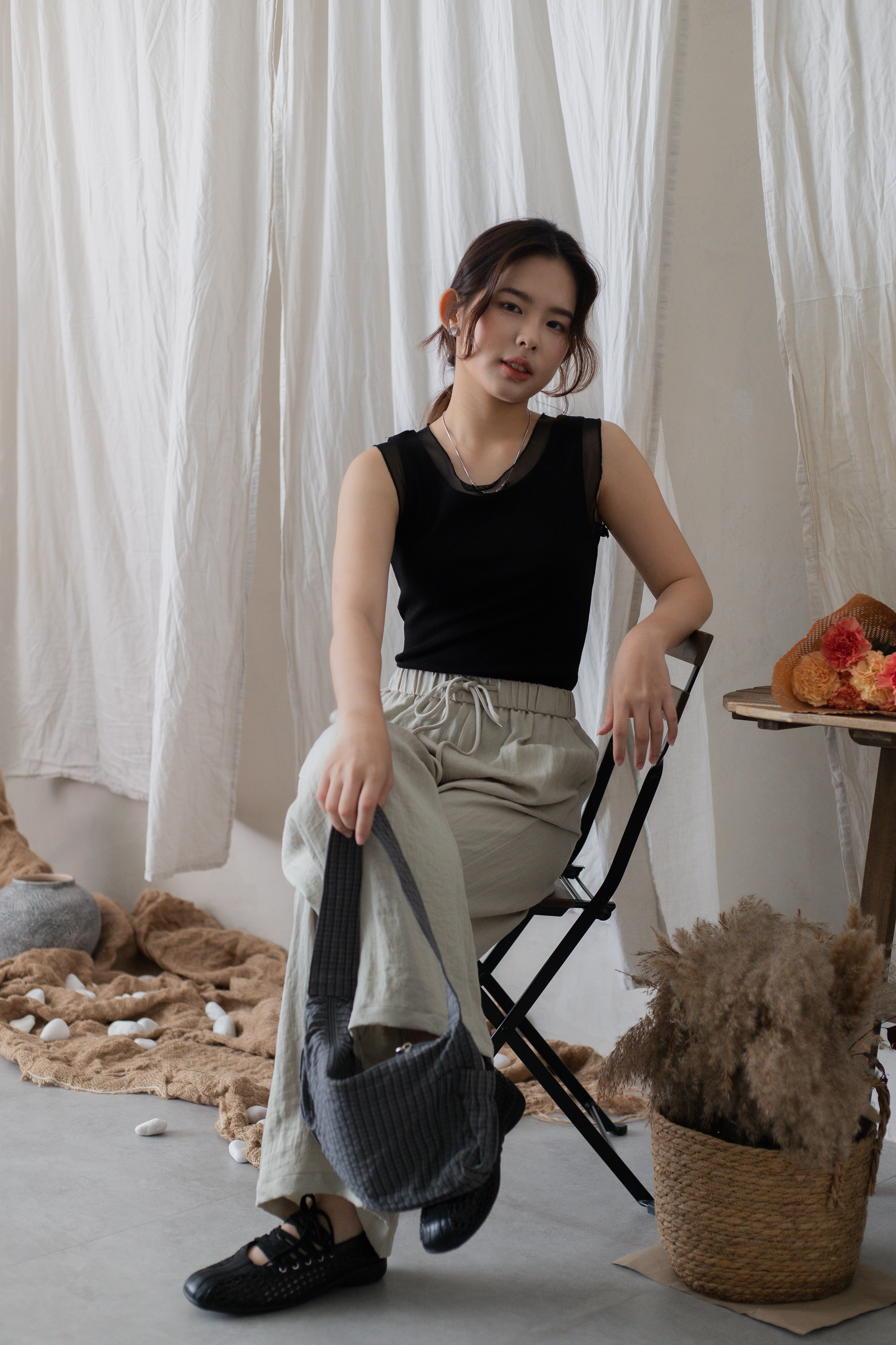 Loona Sheer Ridded Tank Top Black -2707BVBLK