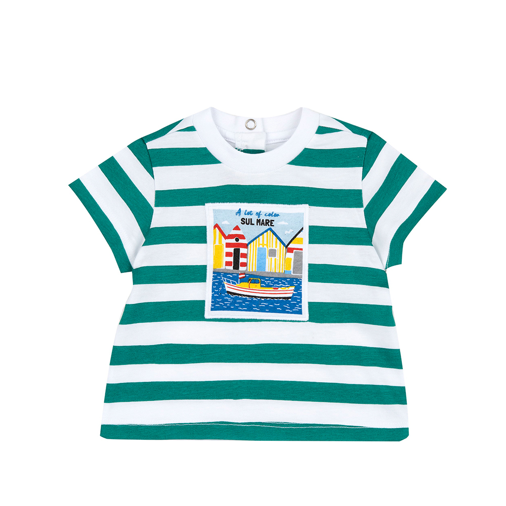 帆船假期-綠白條紋+彩色屋短袖上衣