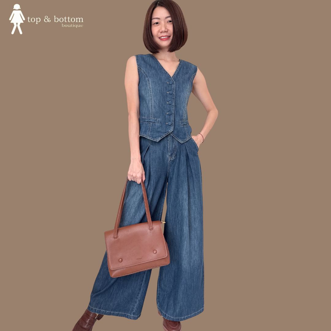 DENIM VEST & WIDE LEG PANT SET SUIT