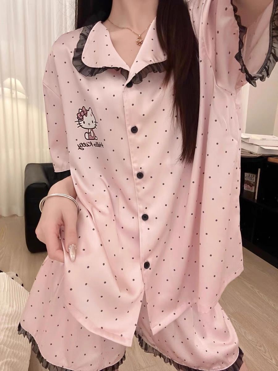 【Hello Kitty】水玉點點絲質蕾絲家居服套裝
