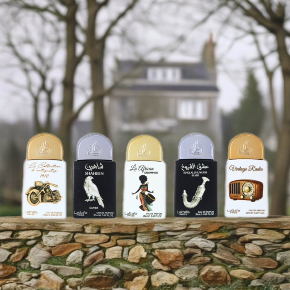 Lattafa 五號香氛收藏淡香精禮盒(銀色獵鷹(銀隼)+收藏系列 古董1910+復古收音機+酋長之愛銀色版+非洲鼓手) 20ml X 5
