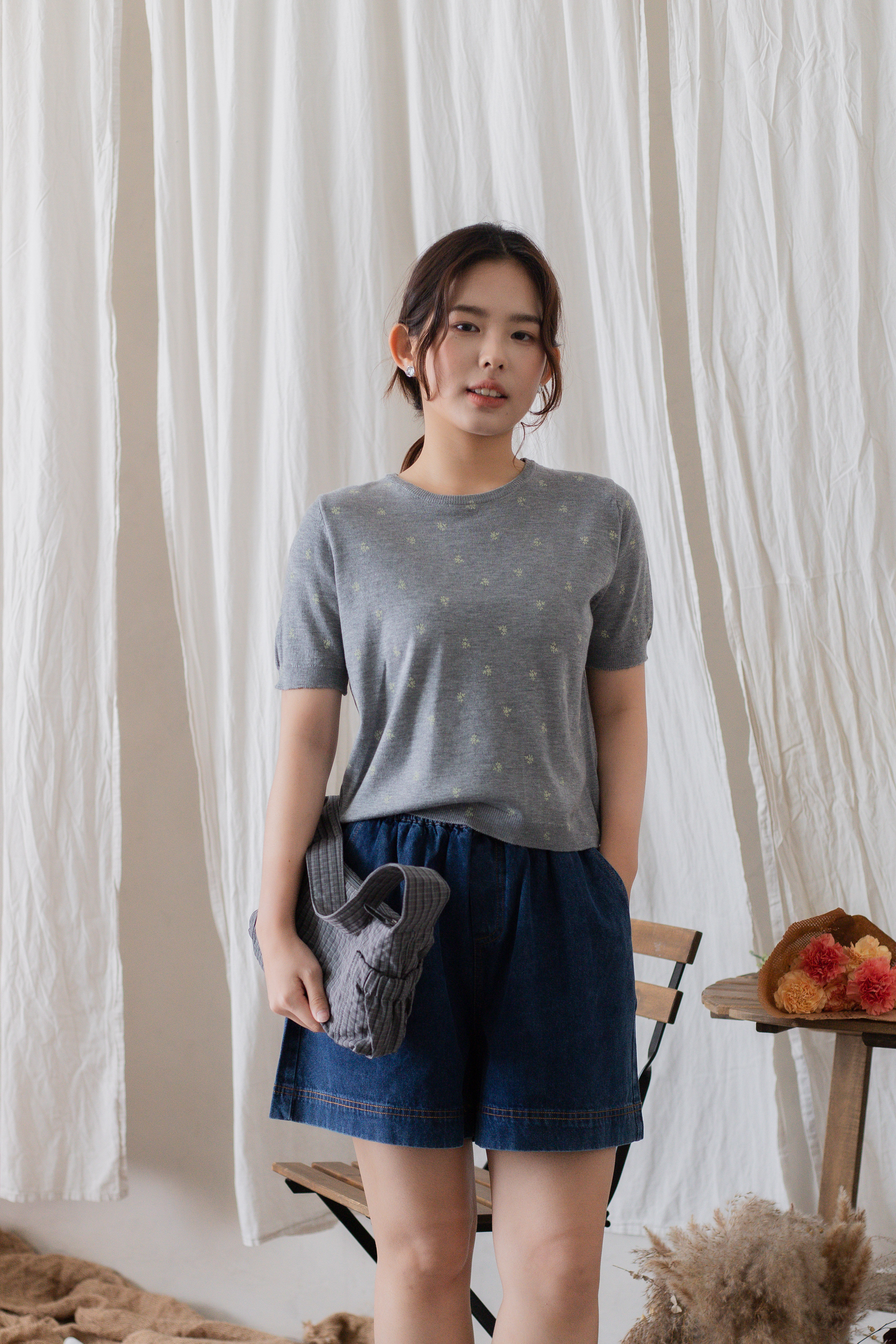 Cloudie Floral Knit Top Grey  (with scrunchies) -2706KSGRY