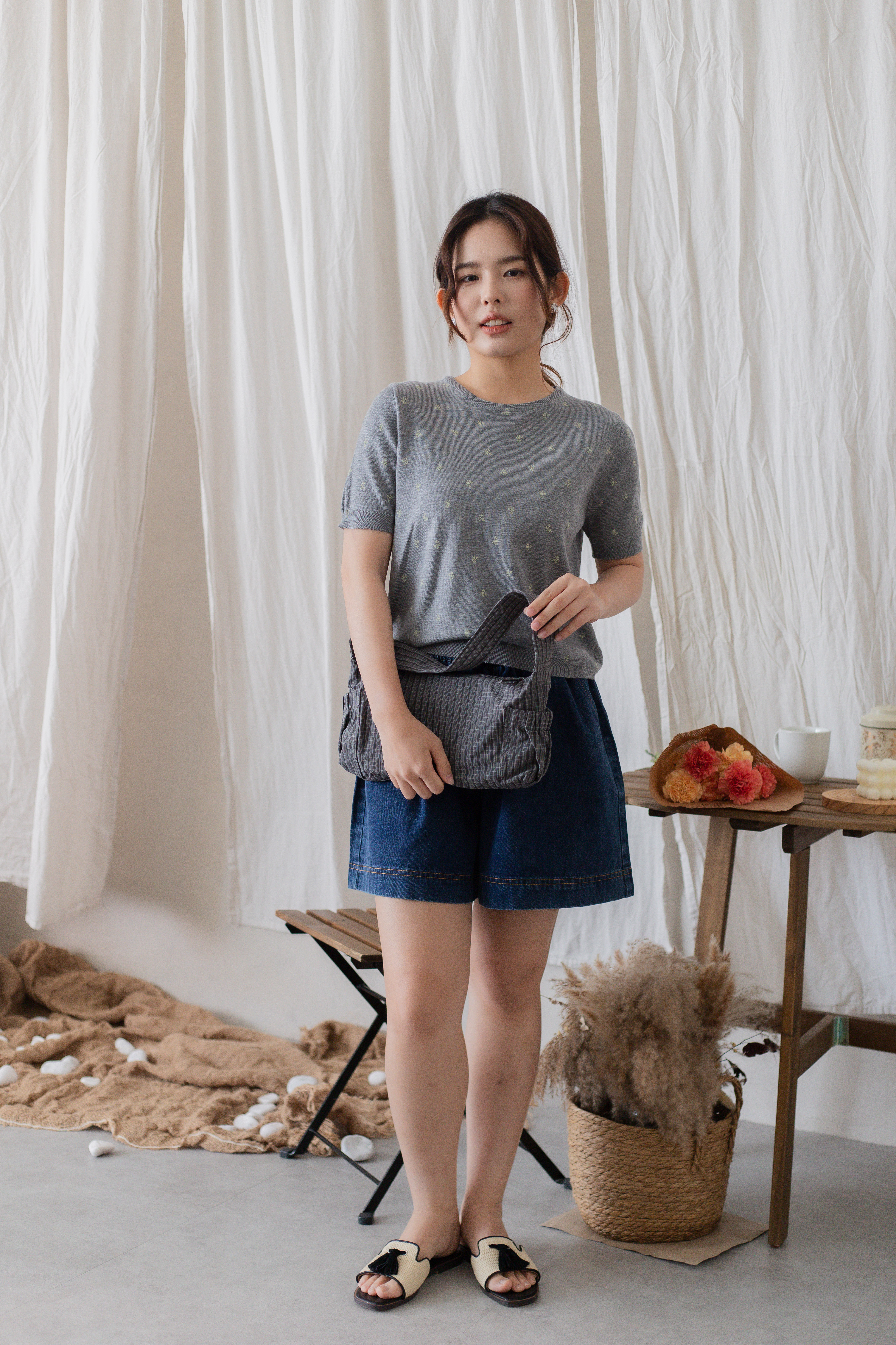 Cloudie Floral Knit Top Grey  (with scrunchies) -2706KSGRY
