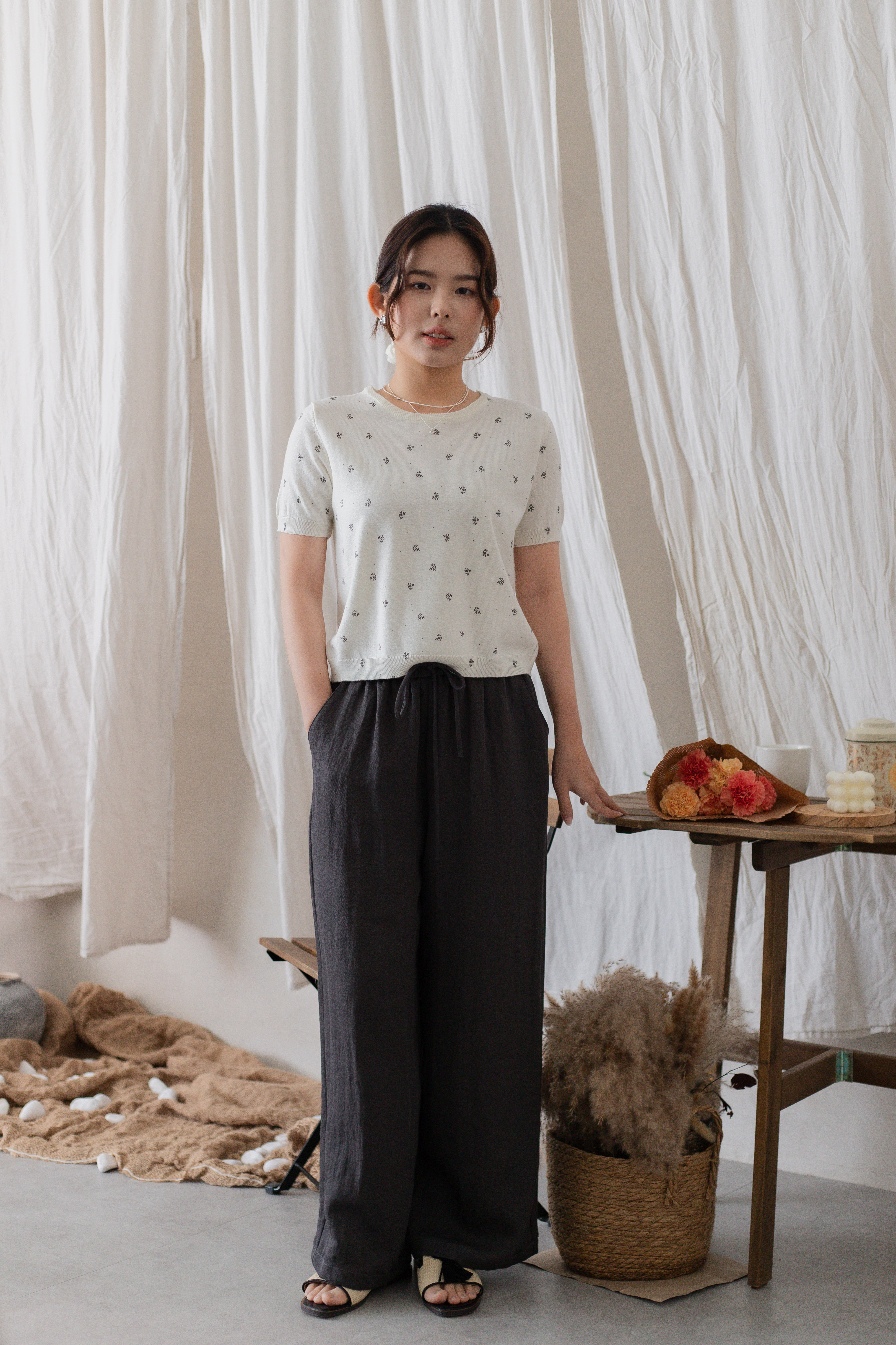 Cloudie Floral Knit Top Beige (with scrunchies) -2706KSBEI